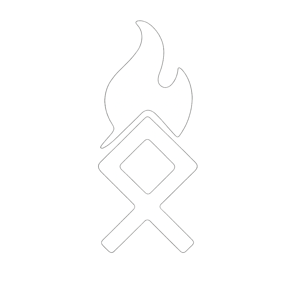 A black and white Rune graphic with a flame on top.