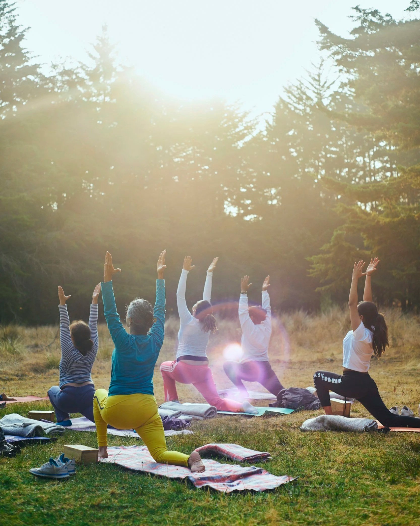 Group of people practicing yoga outdoors on mats in a field at sunrise, surrounded by trees.