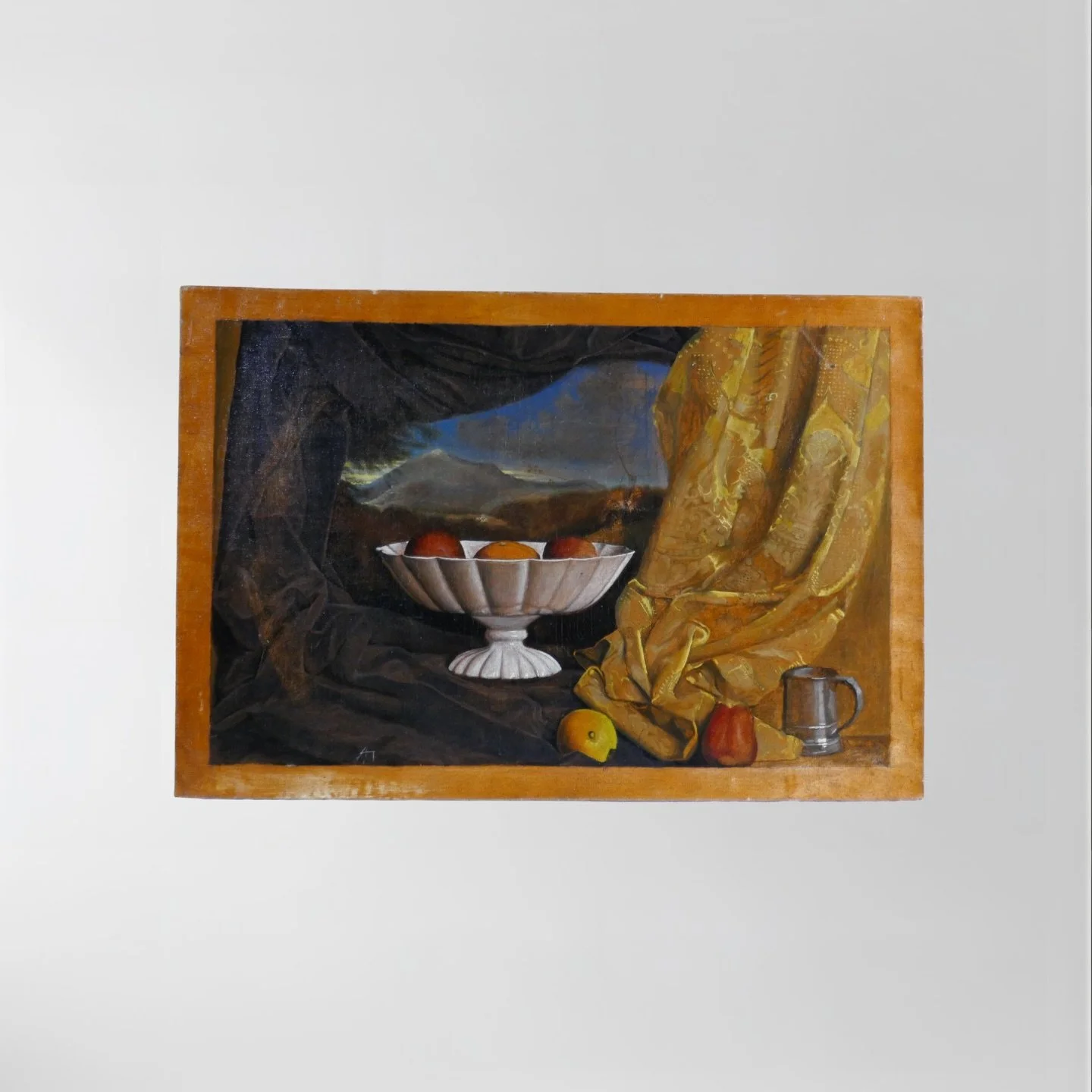 An arresting European still-life of extraordinary presence. 

A porcelain compote crowned with glowing fruit, molten golden drapery spilling across the composition, and that profound, almost Caravaggesque darkness that makes every highlight sing. The