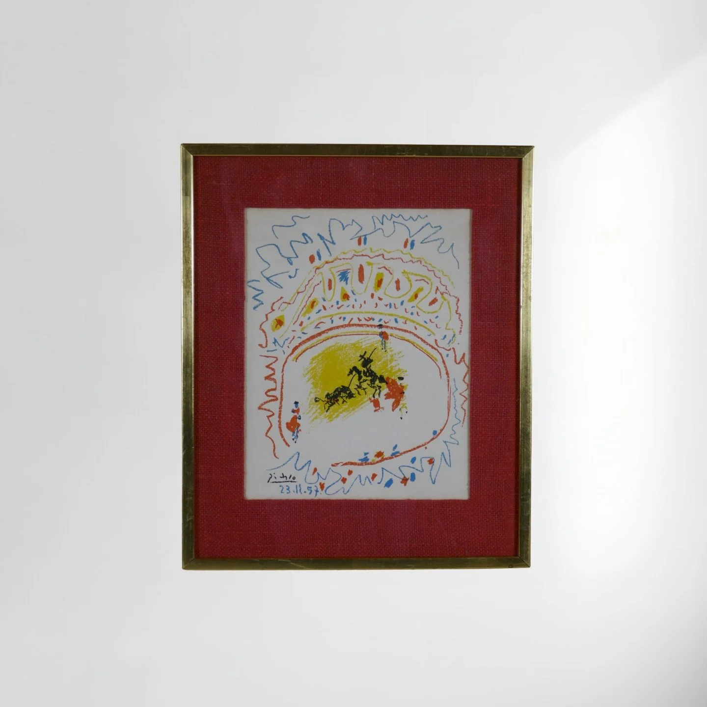 ☀️ PICASSO &ndash; La Petite Corrida, 1957
Original lifetime color lithograph

In one electrifying image, Picasso turns the bullring into a cosmic celebration:

A crowned yellow sun blazes at the center &mdash; matador, bull, and solar deity all in o