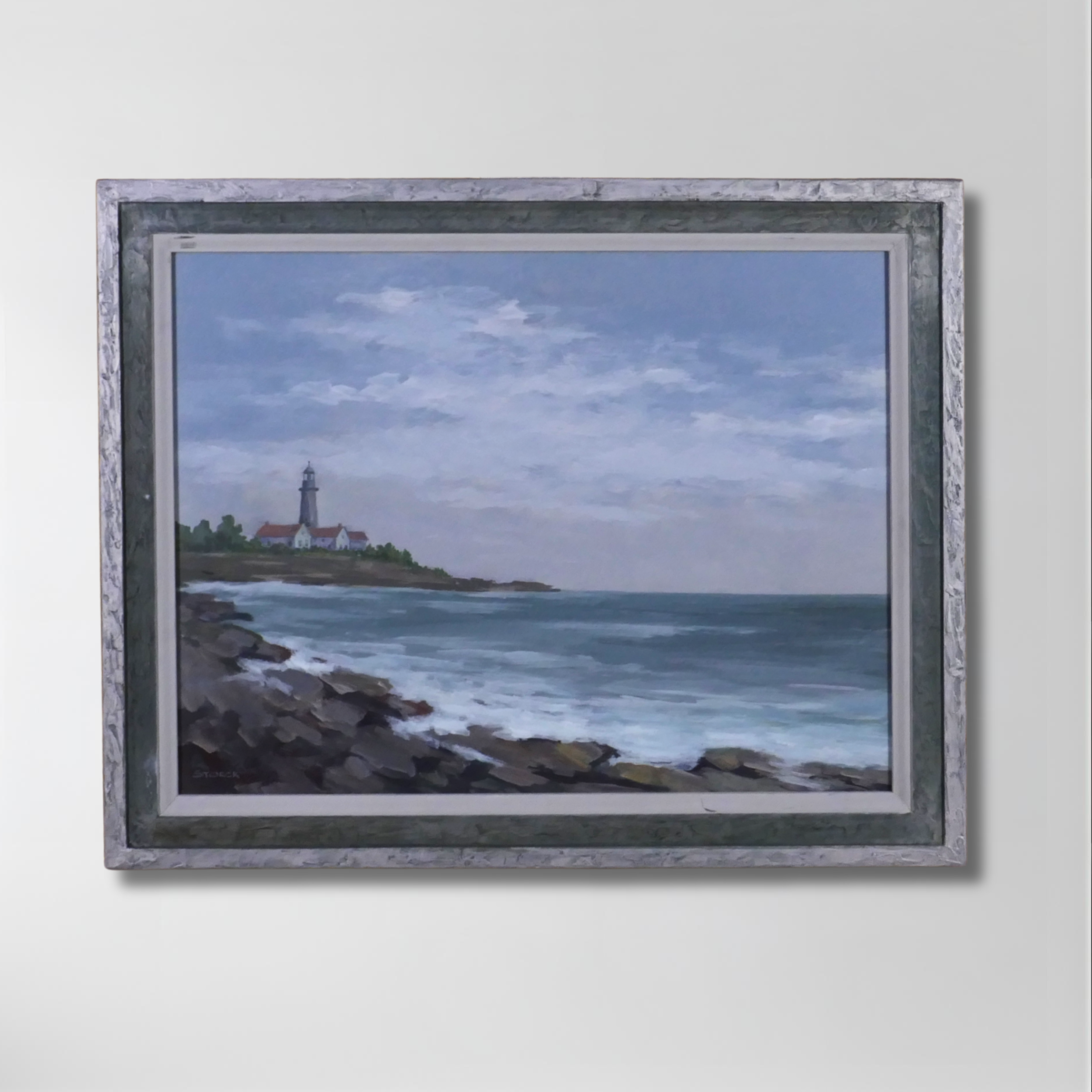 Titled "Guiding Light". Artist J. Alvin Storck. Seascape. Lighthouse.  Fieldhouse New York. Saratoga Springs. Art Gallery.