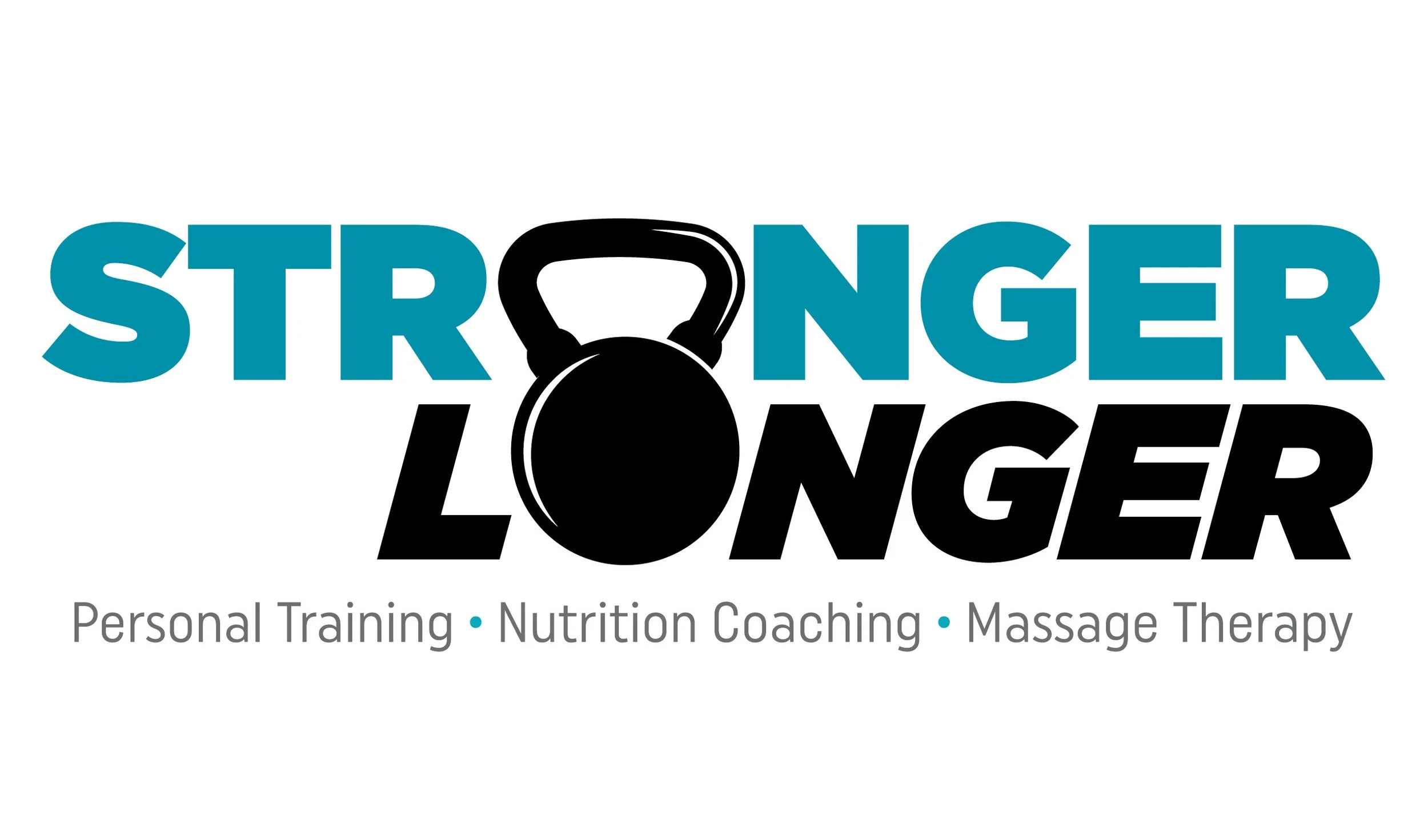 Logo for Stronger Longer featuring a kettlebell and text highlighting personal training, nutrition coaching, and massage therapy.