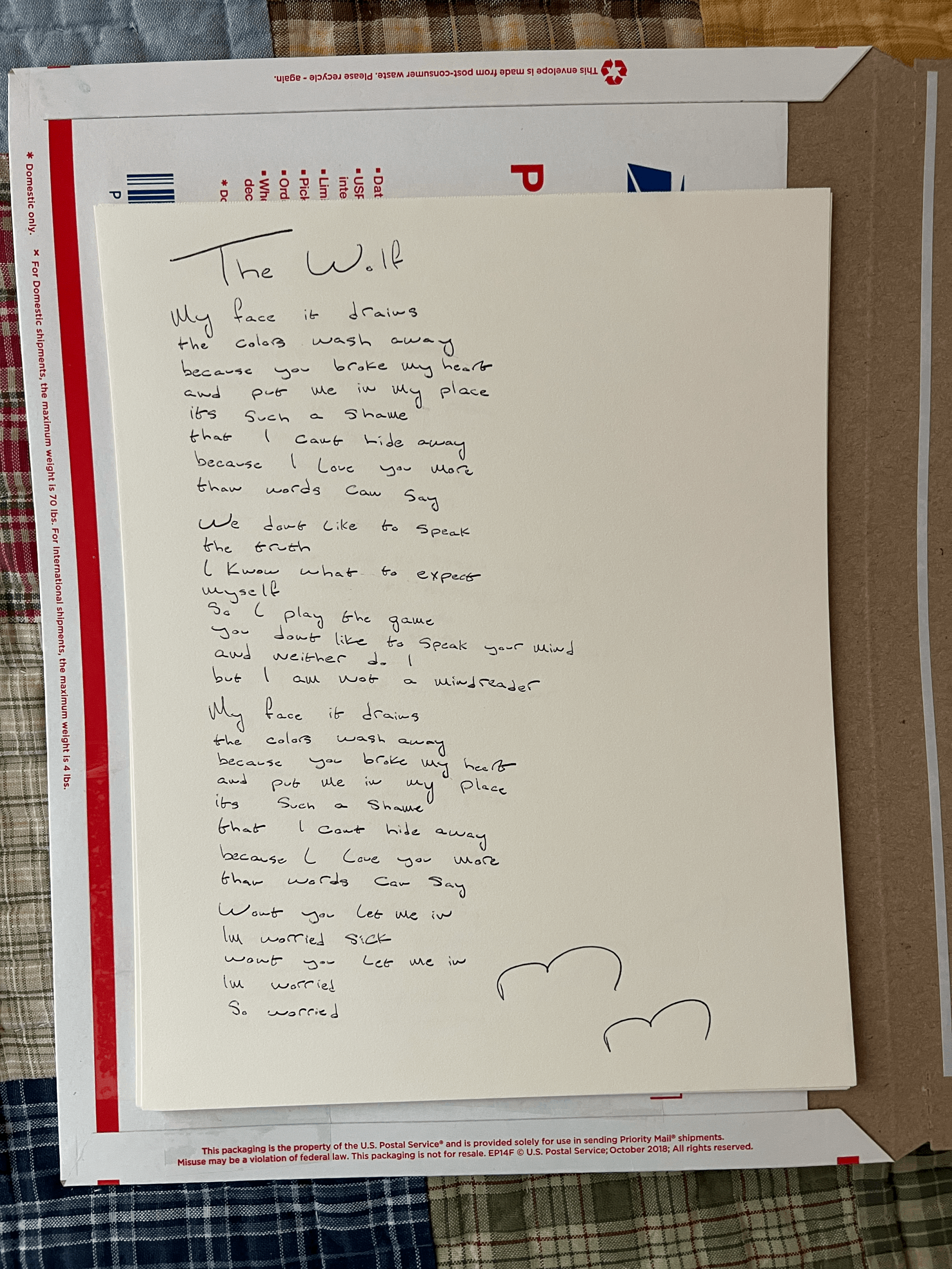 handwritten lyric sheet
