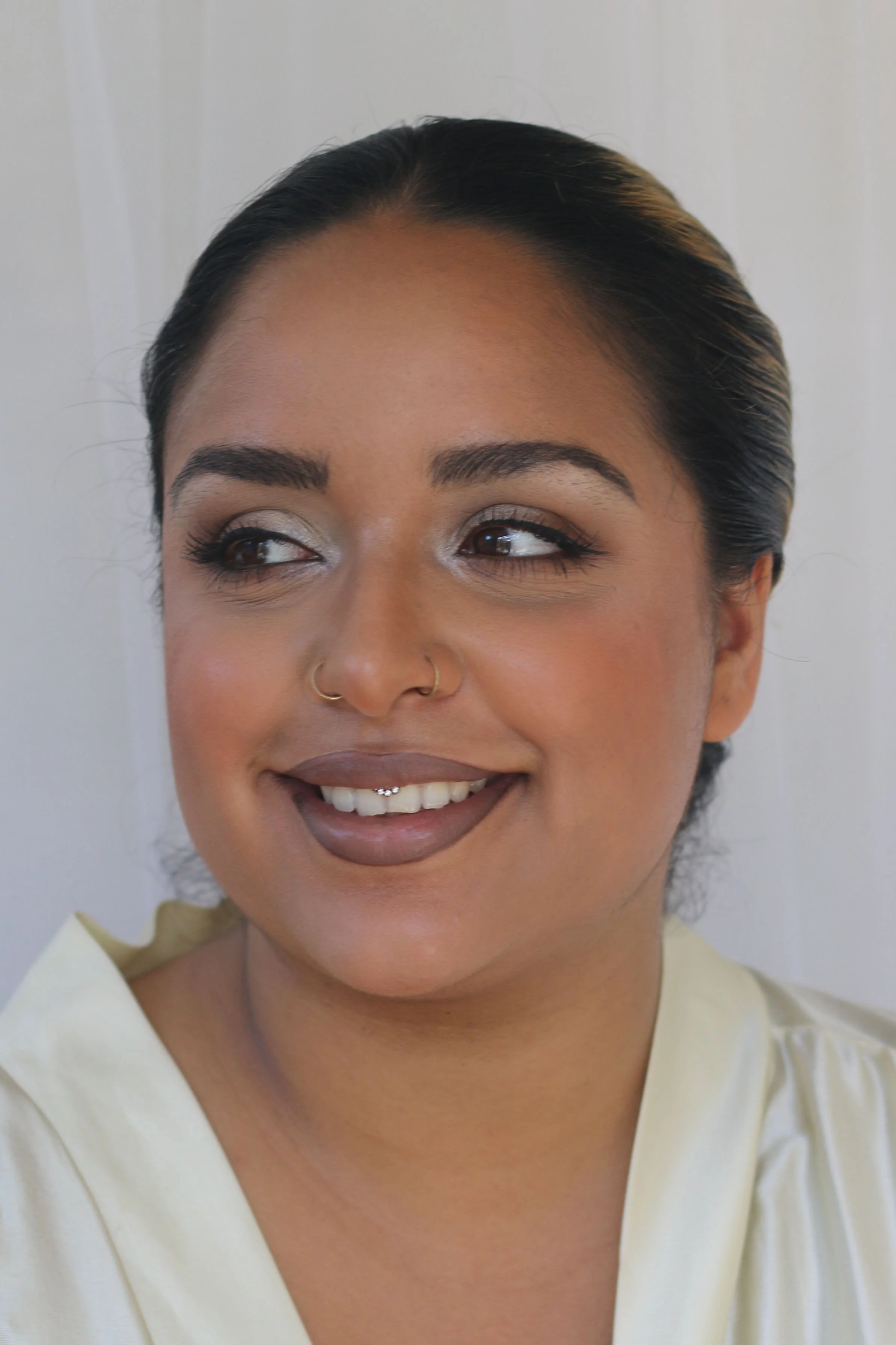 cool toned autumnal bridal makeup winged liner nude lips by London makeup artist Molly dickson