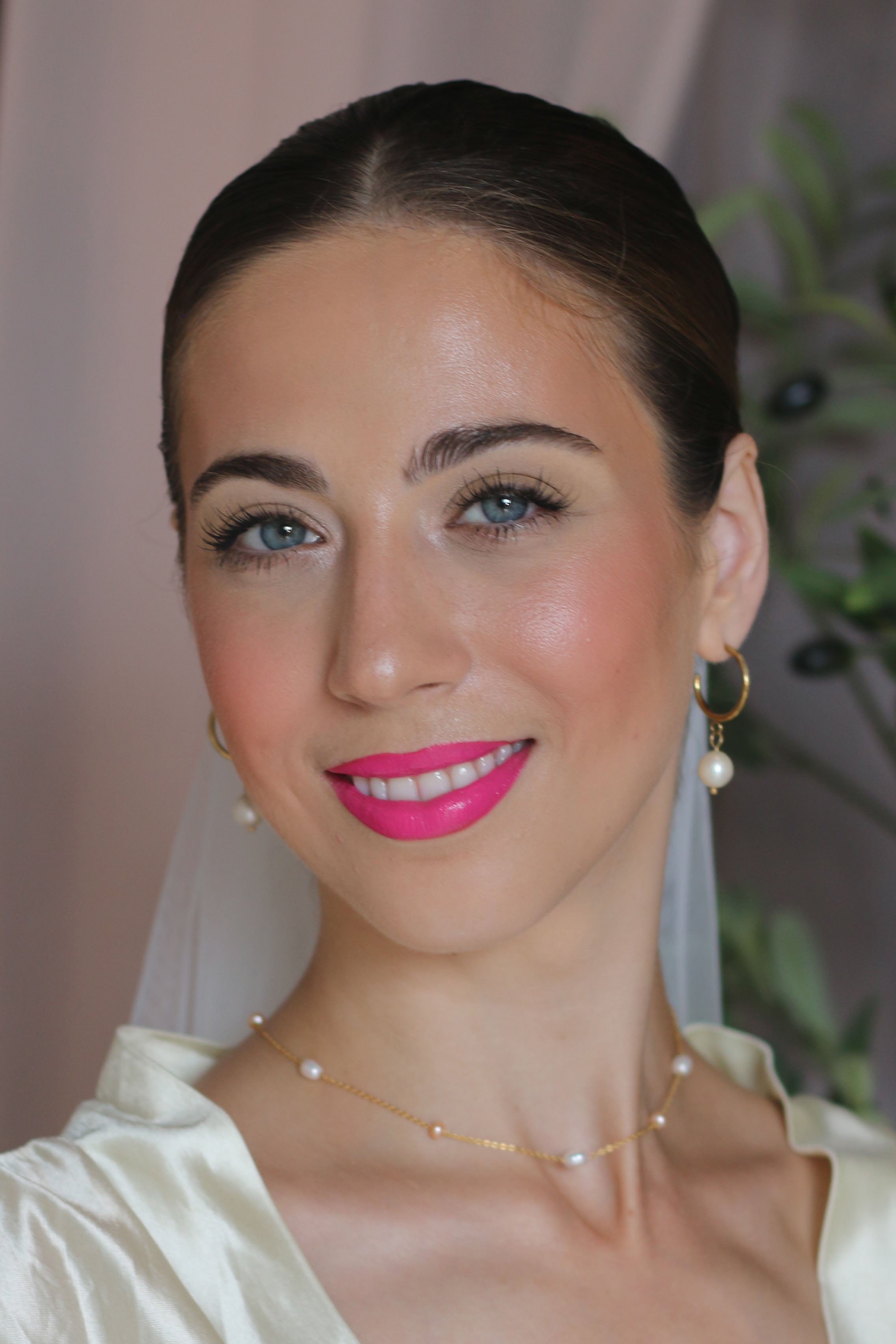 fun editorial clean girl bridal makeup bright pink lip by London makeup artist Molly Dickson
