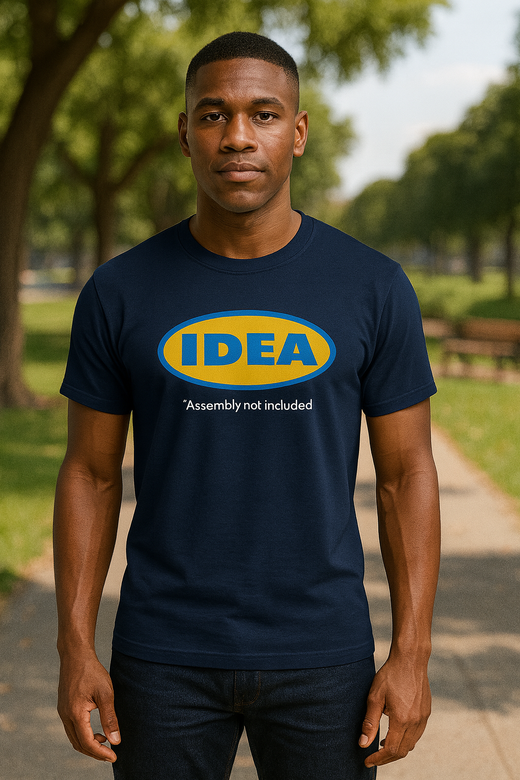 Young man standing outdoors on a pathway with green trees in the background, wearing a navy T-shirt with a large yellow and blue IDEA logo and the text 'Assembly not included' underneath.