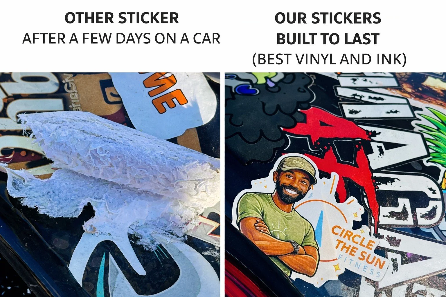 Big difference after just a few days on a vehicle&hellip; 👀

The sticker on the left? Ordered online.
Already cracked, faded, and peeling.
The sticker on the right? Printed by us.
Still vibrant. Still sharp. Still stuck like it should be. 💪

At SLE