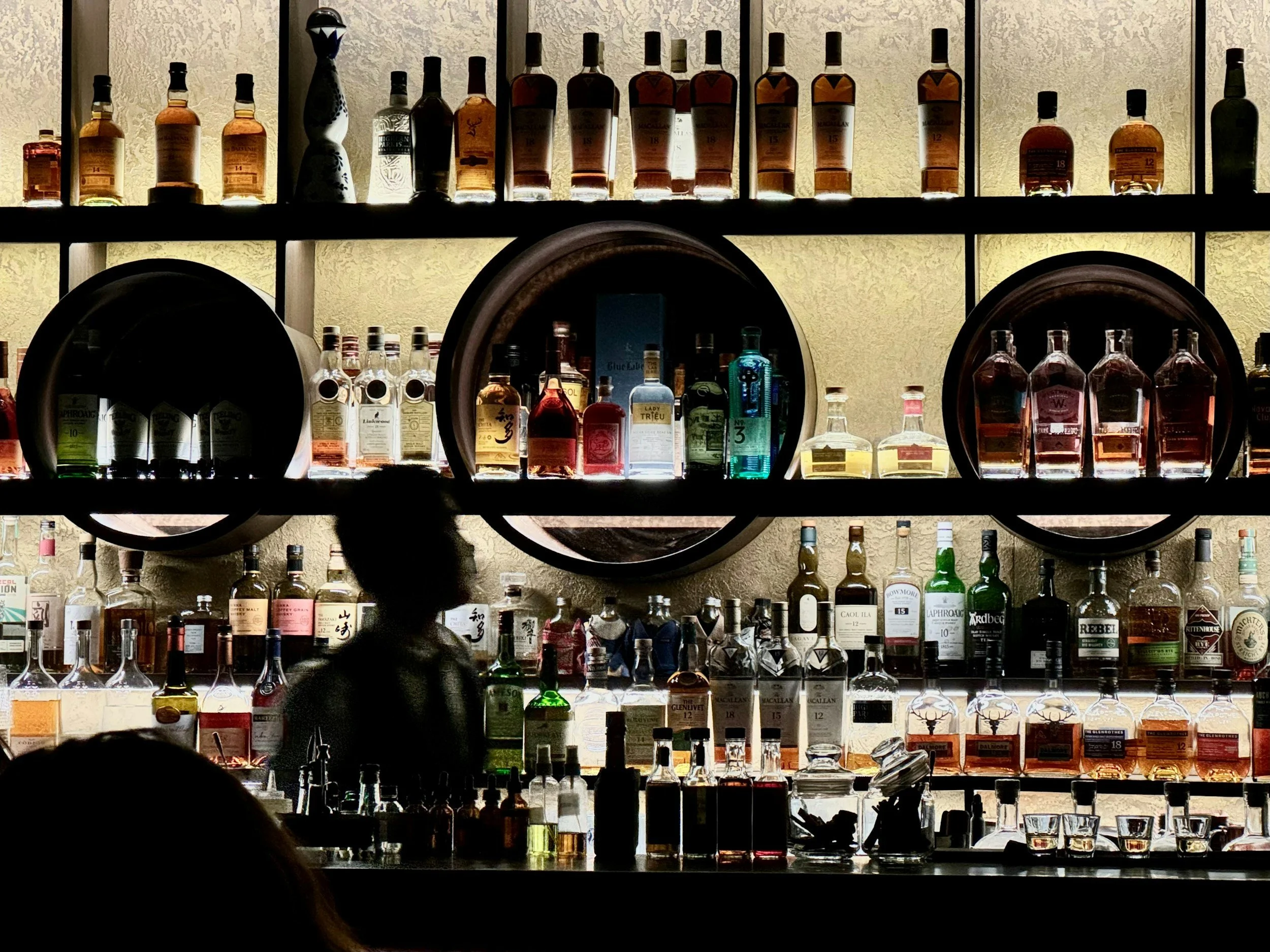 Silhouette of a bartender behind a bar with illuminated shelves of assorted liquor bottles in the background.