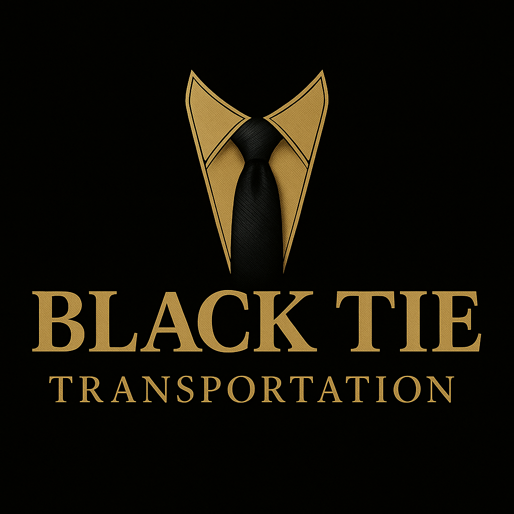 Logo for Black Tie Transportation featuring a gold suit collar and tie on a black background.