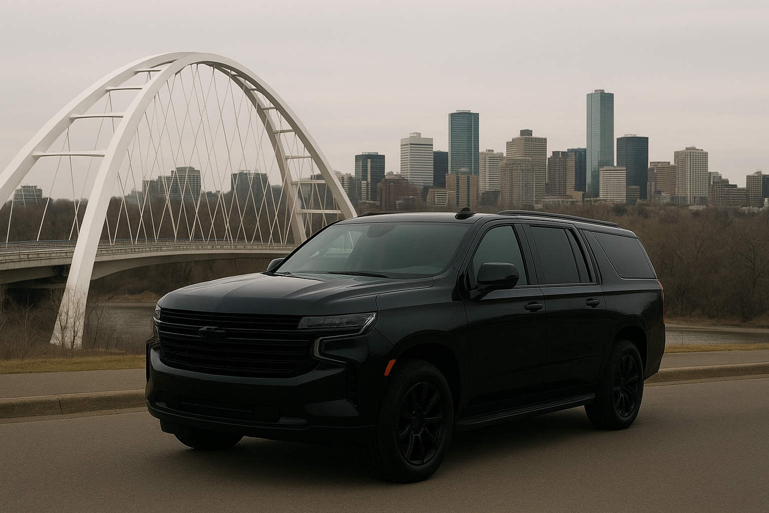 A black SUV parked on the side of the road with a city skyline and a white arched bridge in the background.
