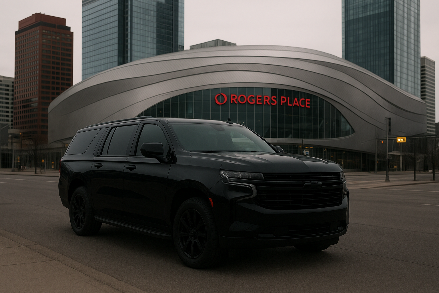 A black SUV parked on an urban street in front of Rogers Place, a modern building with a curved design and large glass windows, surrounded by tall skyscrapers.