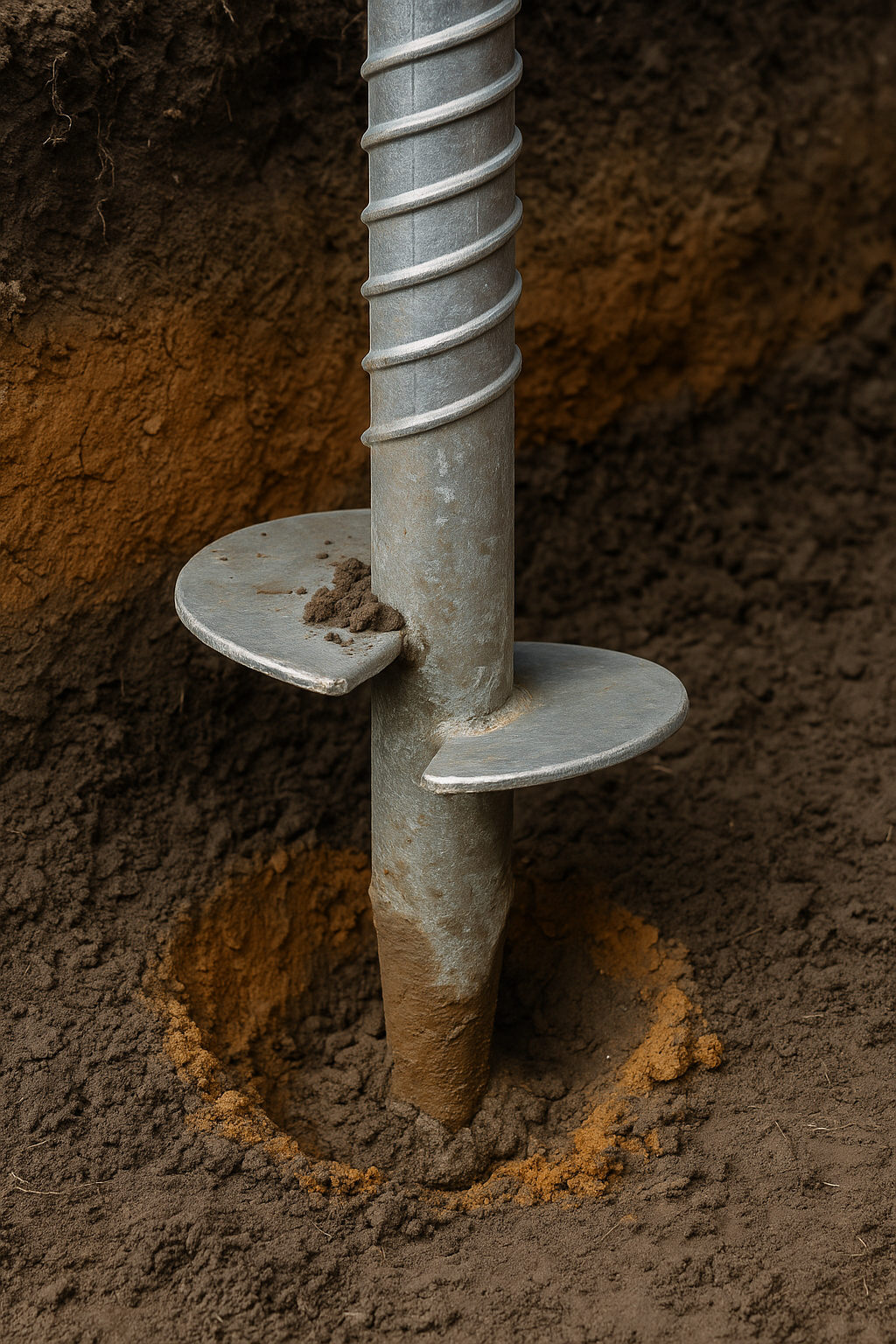 Close-up of a helical pier embedded in the ground, with soil and dirt around it, inside a construction or excavation site.