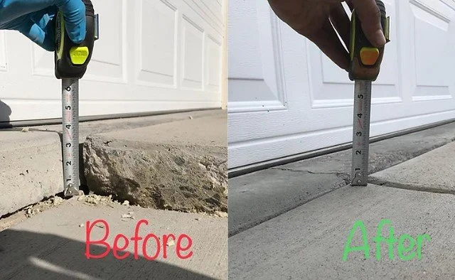 Comparison of a concrete step measured before and after repair, with a tape measure indicating height. The left side labeled 'Before' shows a damaged, uneven concrete step, while the right side labeled 'After' shows a smooth, repaired step.