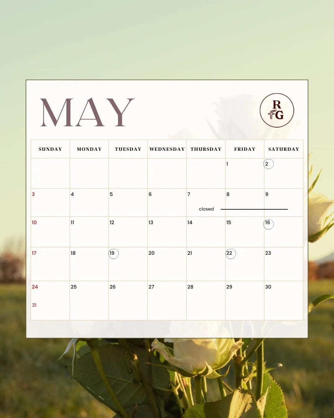 May Events Calendar 💐

Something feels extra sweet about this season! We are so excited for all the events that we have!

Comment below, which event you like to come to and we will send you the link to RSVP, or you can go to rootedandgather.org/even