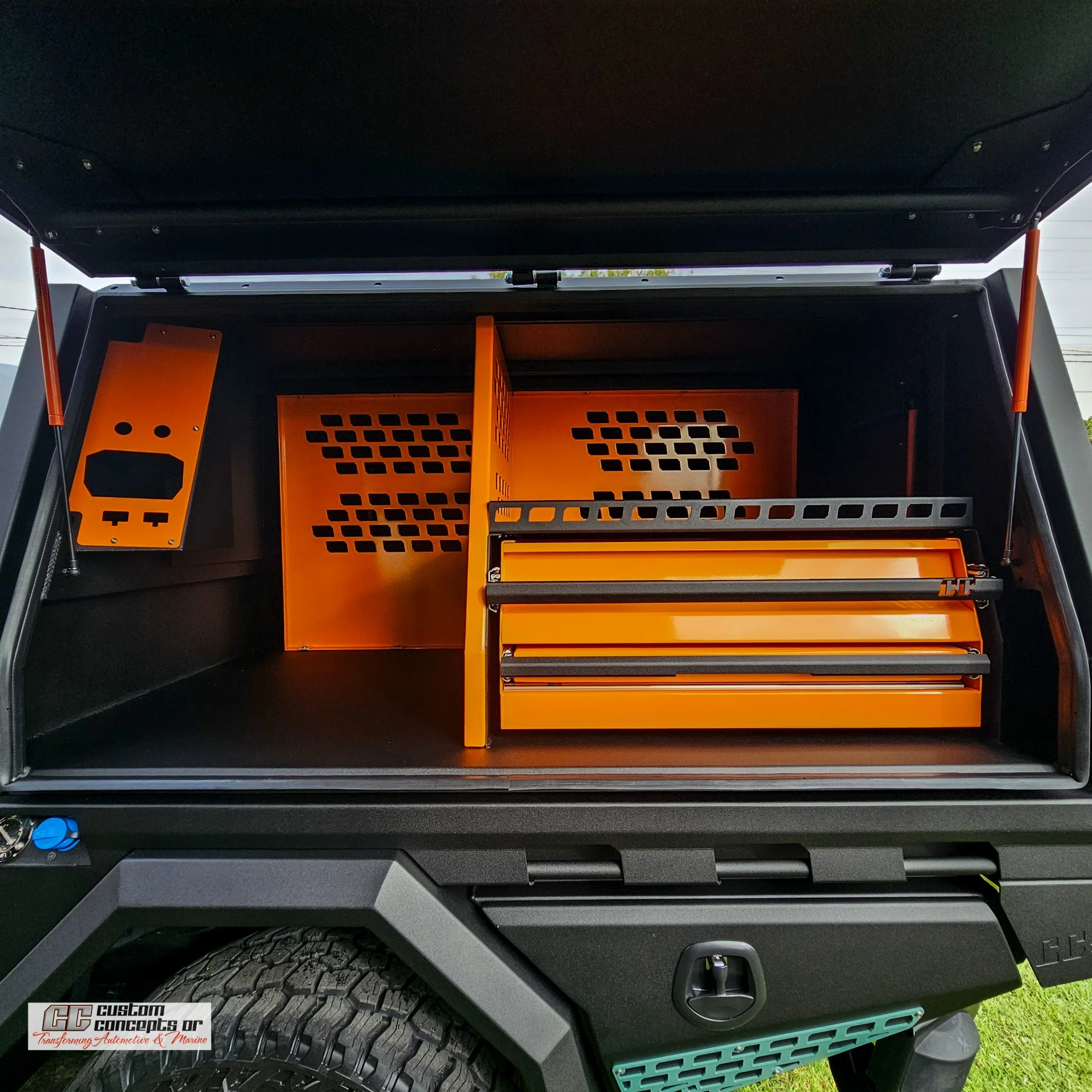 Custom aluminium canopy internals featuring premium drawers, adjustable shelving and integrated storage solutions by Custom Concepts Off-Road in Brisbane.
