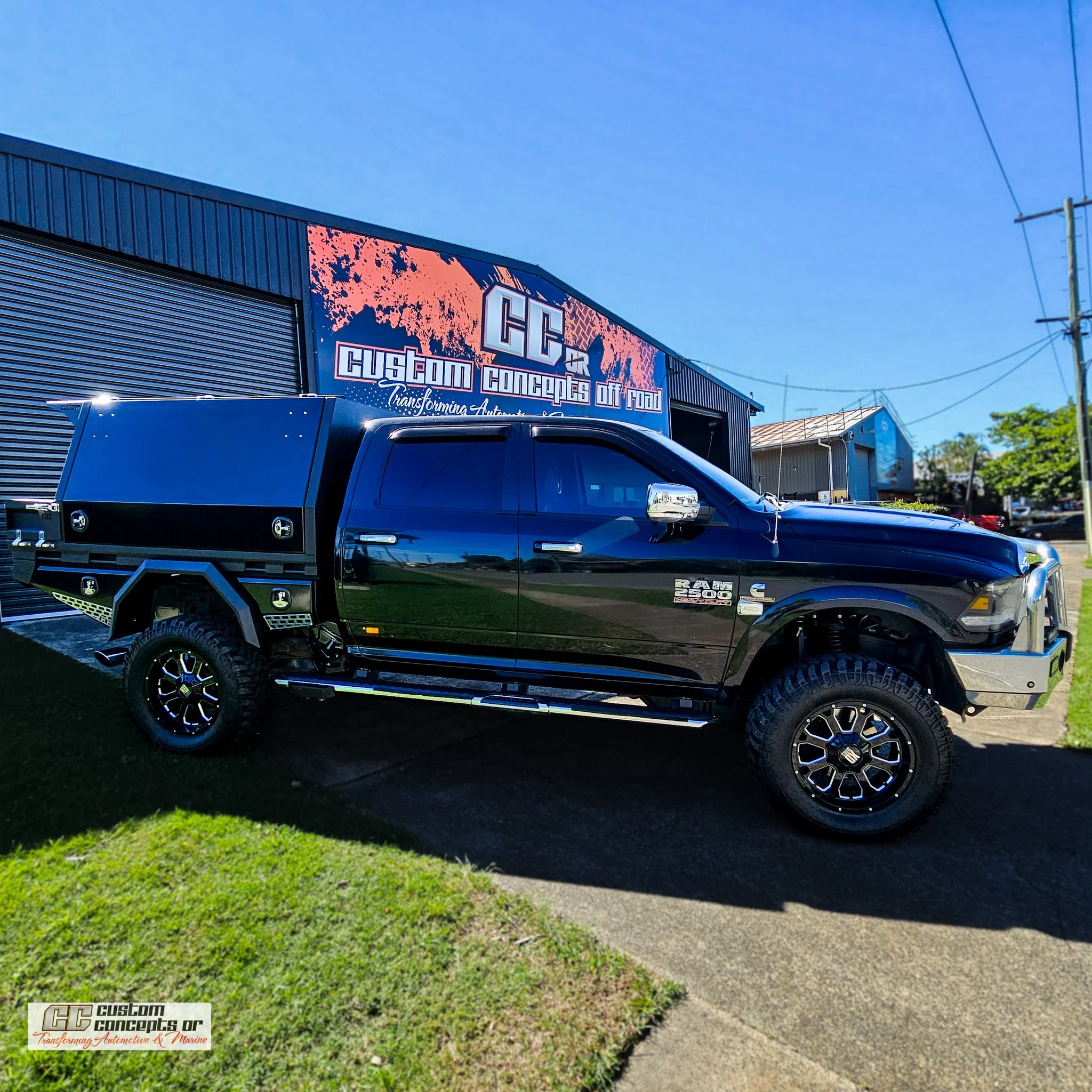 RAM 2500 fitted with a custom aluminium chassis-mounted module, built in Brisbane for heavy-duty touring, towing and off-road adventures by Custom Concepts Off-Road.