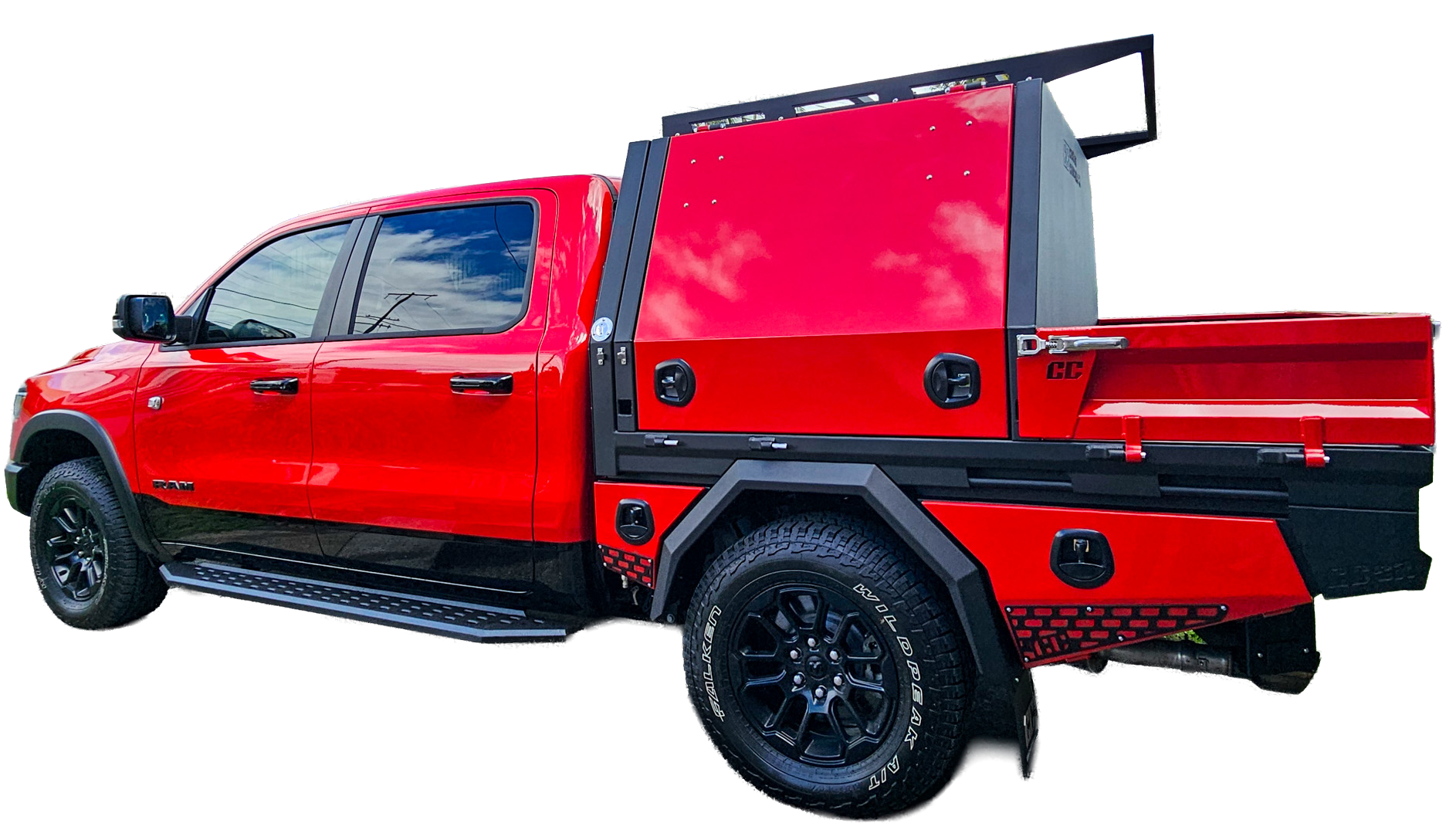 Custom RAM 1500 aluminium Deluxe tray and canopy package by Custom Concepts Off-Road in Brisbane featuring under-tray toolboxes, premium touring storage and heavy-duty Australian-made fabrication.