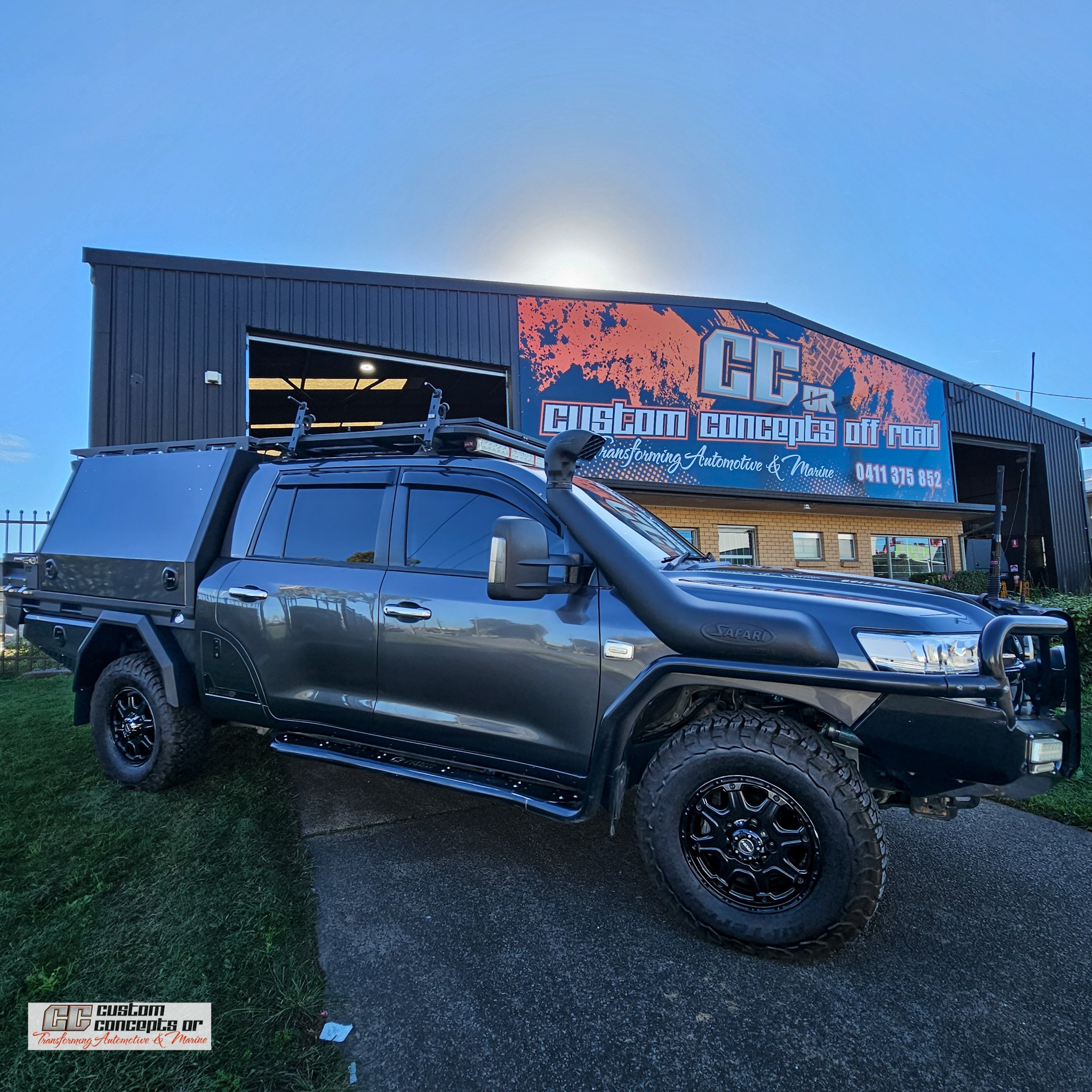 Toyota LandCruiser 200 Series chopped conversion with custom aluminium touring module by Custom Concepts Off-Road in Brisbane featuring gullwing doors, under-tray storage and heavy-duty off-road design