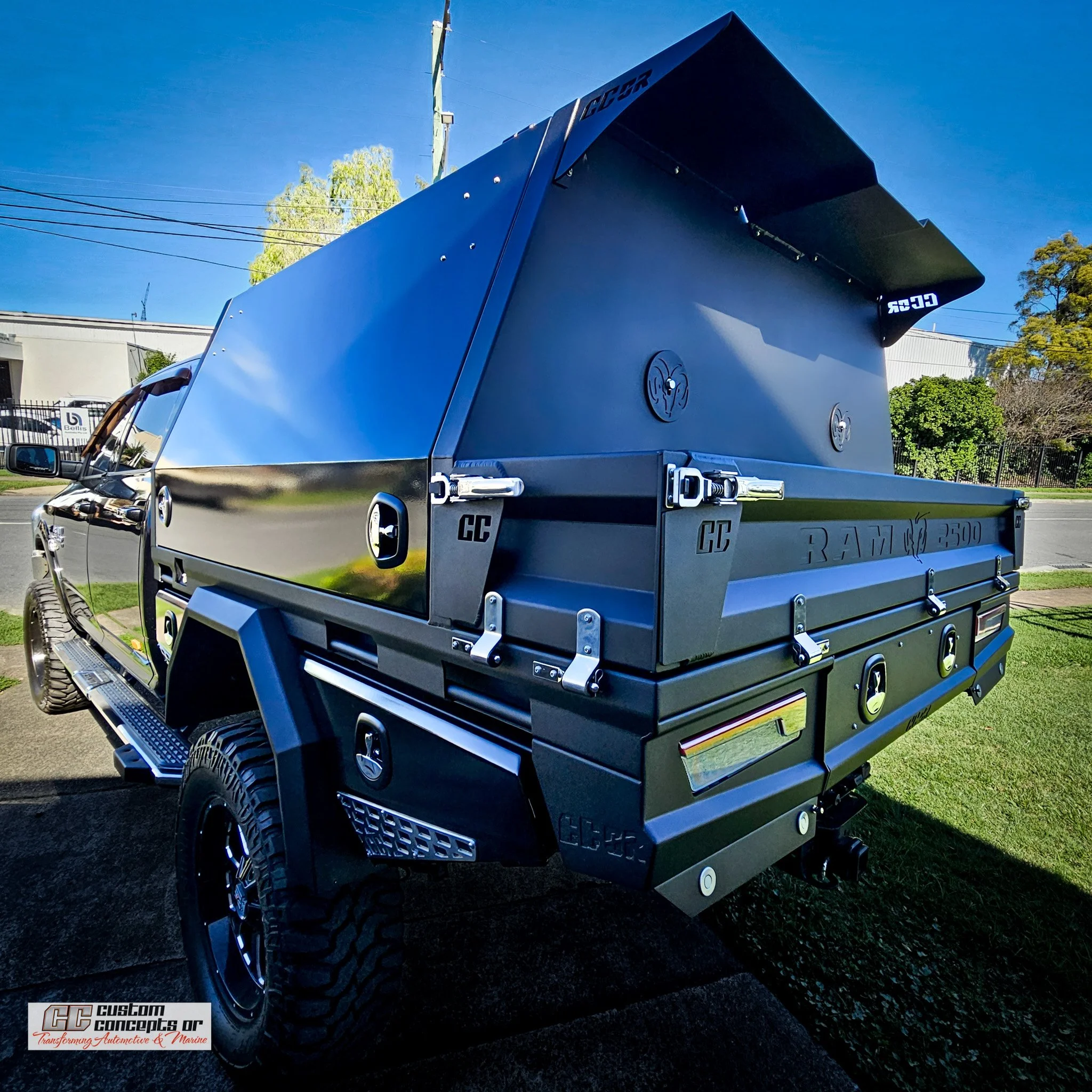 Custom RAM 2500 tray and chassis-mounted module fabricated in Brisbane, combining durable aluminium construction with touring-ready storage.