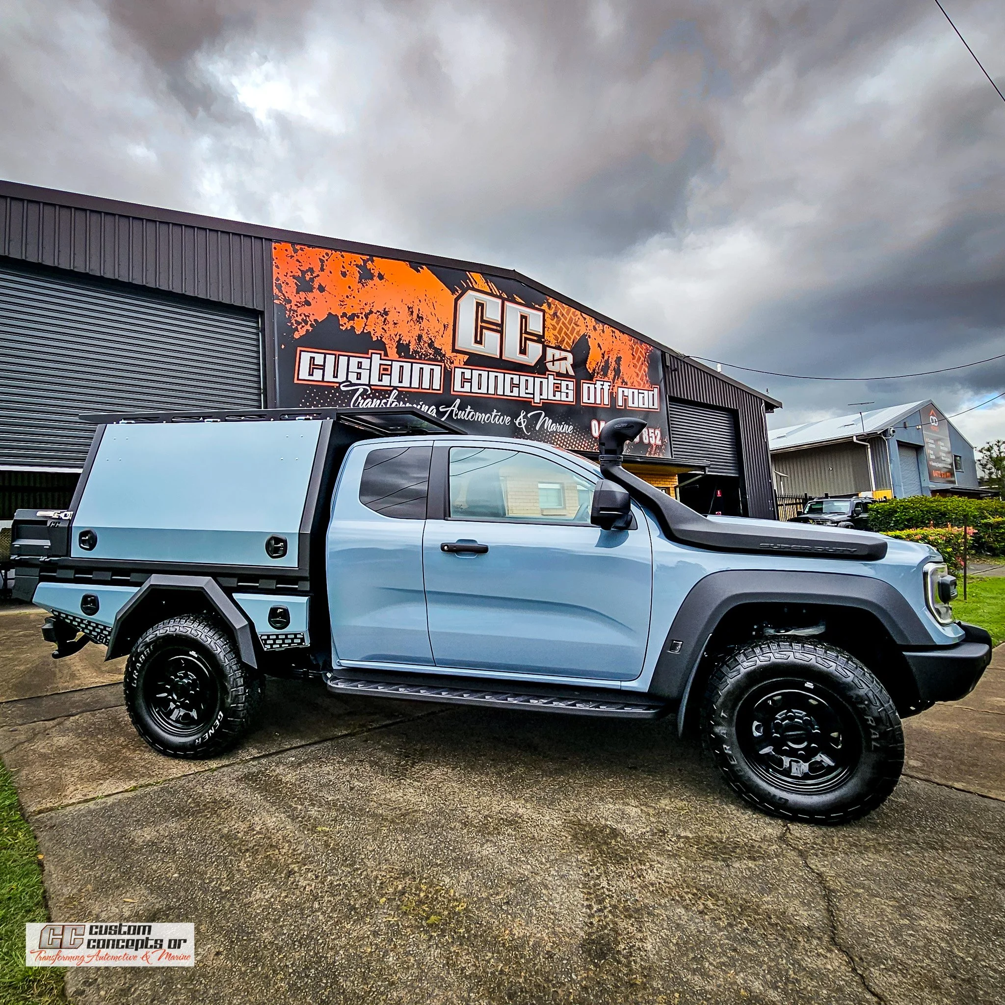 Ford Ranger Super Duty fitted with a custom aluminium chassis mount module featuring a lightweight touring-ready design.