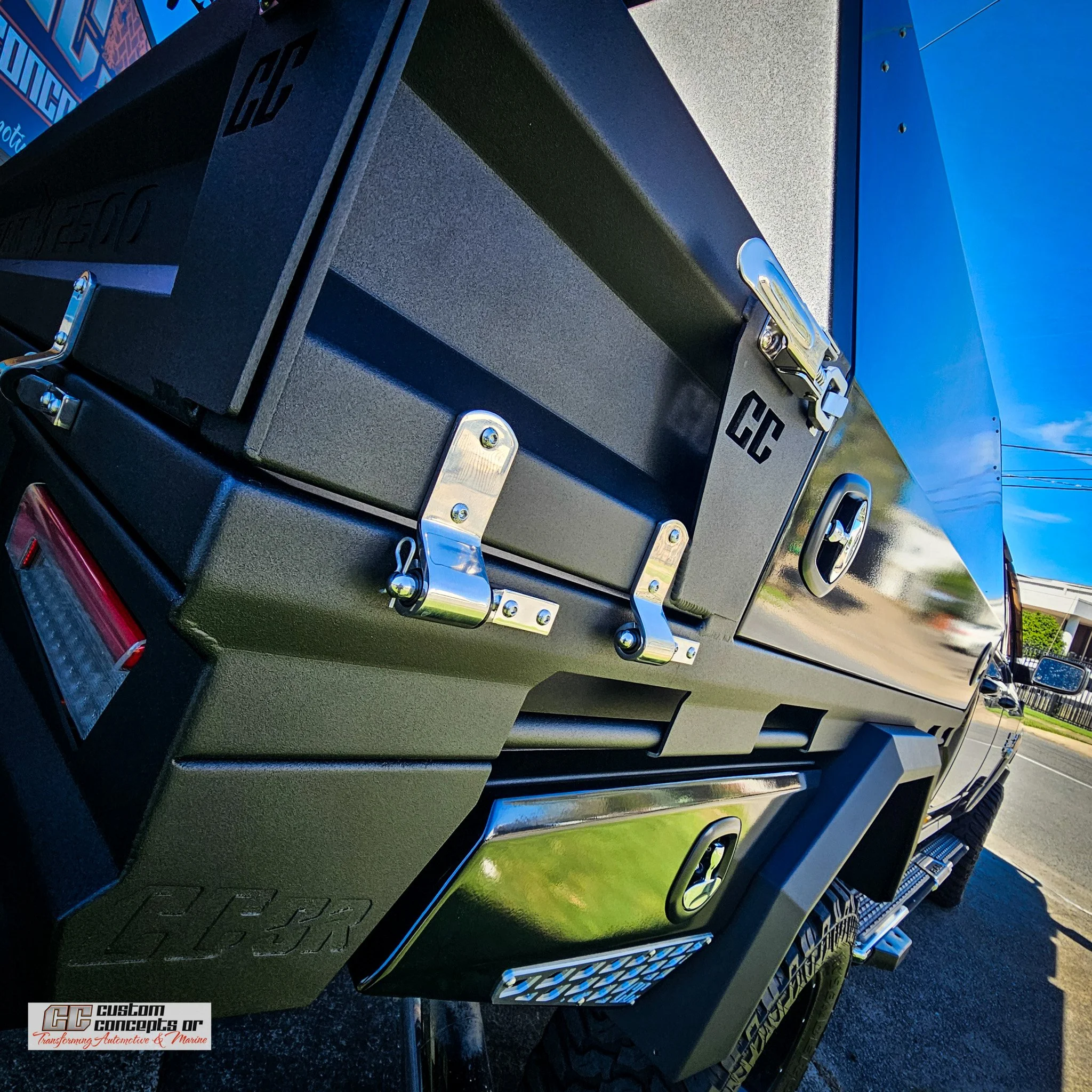 Detail of a custom aluminium touring module showcasing premium workmanship, internal storage compartments and durable Australian fabrication.