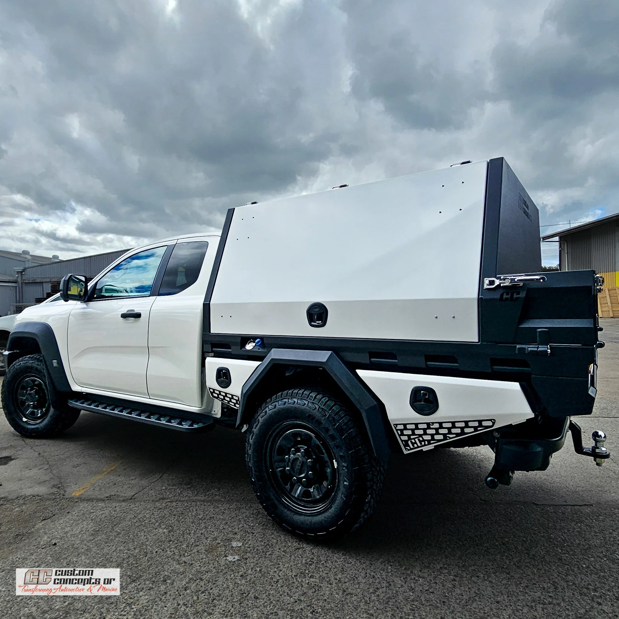 Ford Super Duty Super Cab fitted with a custom CCOR aluminium chassis mount module with integrated storage and under-body toolboxes.