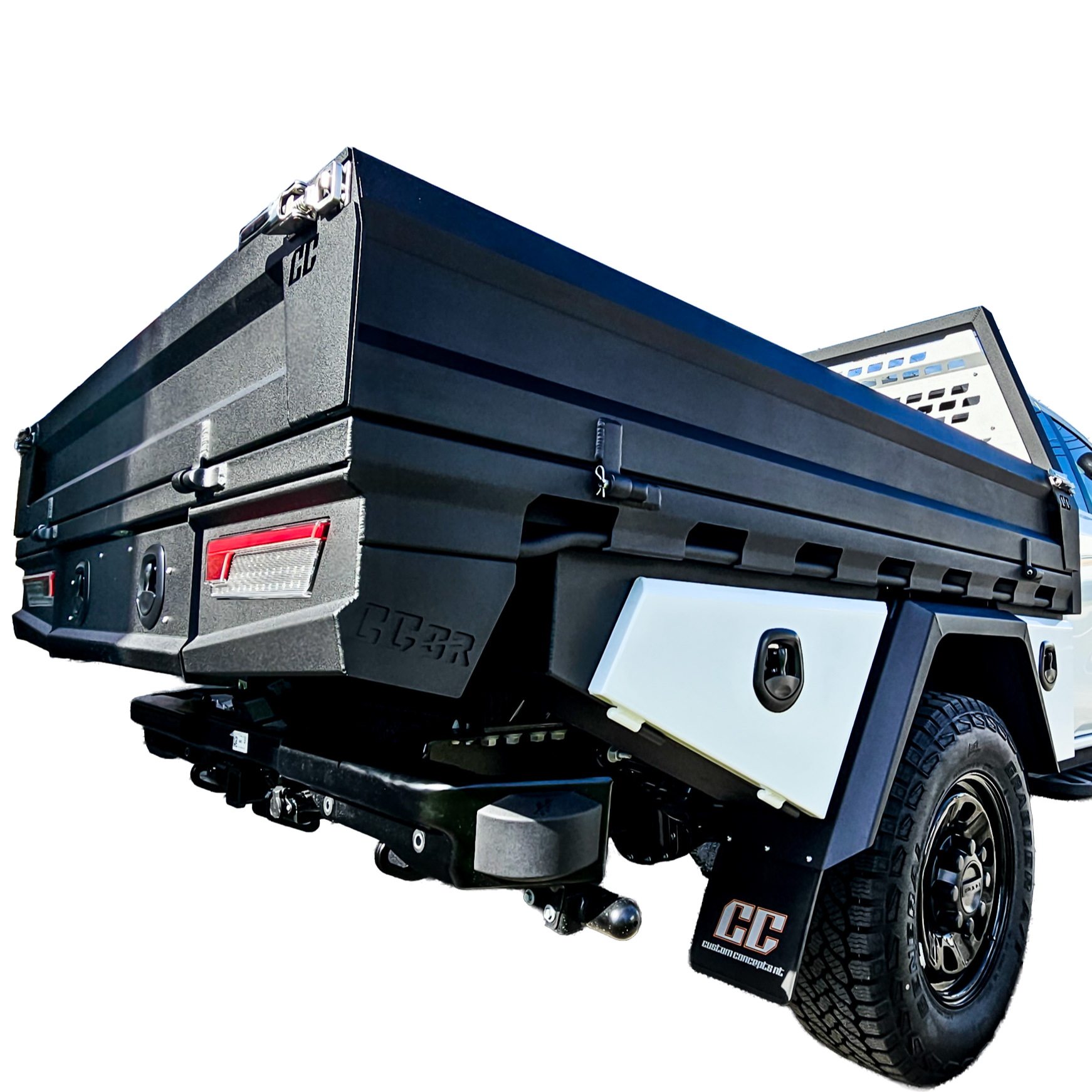 Custom aluminium ute tray by Custom Concepts Off-Road in Brisbane featuring tapered under-tray toolboxes, heavy-duty headboard and premium powder-coated finish.