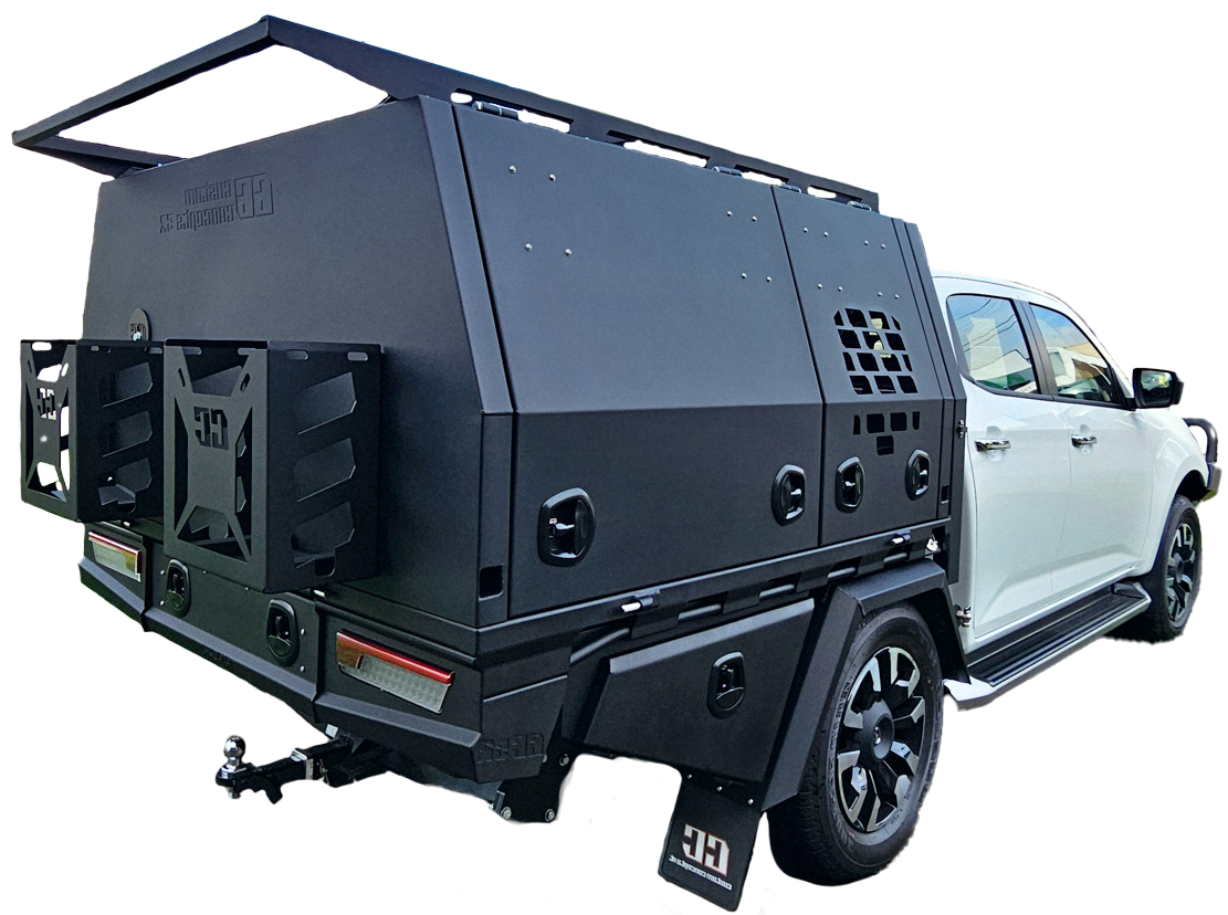 Custom dual cab ute aluminium tradie tray and canopy package with full-width dog box, fabricated by Custom Concepts Off-Road in Brisbane for work and touring.