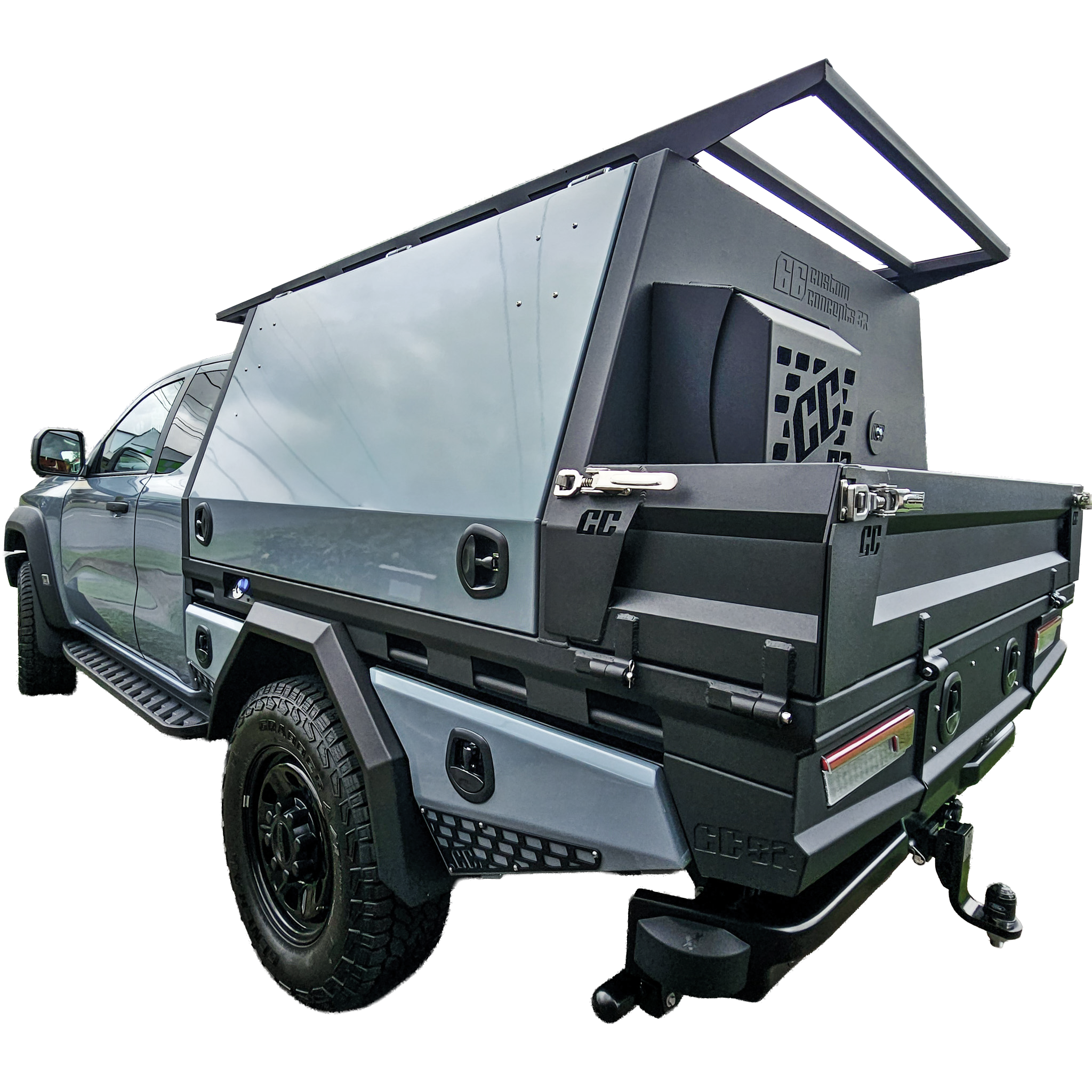 Custom aluminium chassis-mounted module for Ford Super Duty by Custom Concepts Off-Road in Brisbane featuring gullwing doors, under-tray toolboxes and heavy-duty off-road touring design.