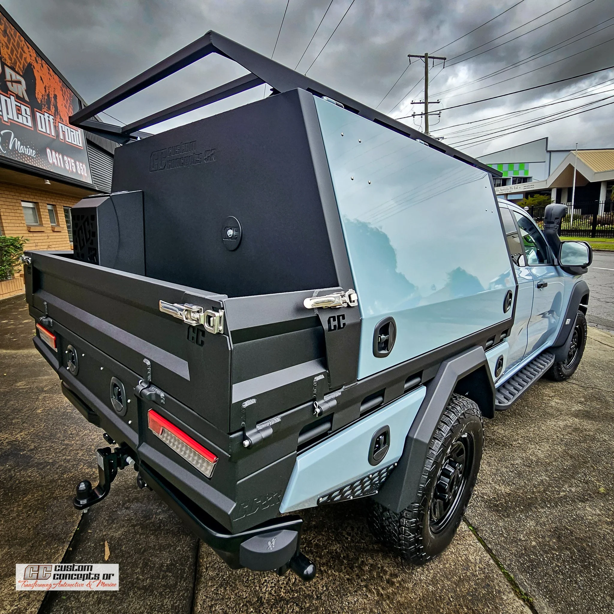 Custom aluminium chassis mount module fitted to a Ford Ranger Super Duty, built for touring and off-road travel in Queensland.