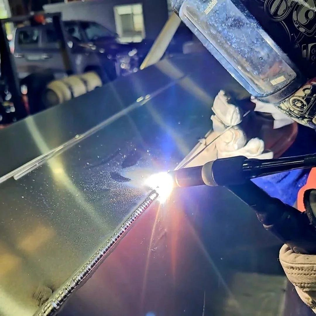 Fabricating a custom aluminium canopy at our Brisbane workshop using precision TIG welding.