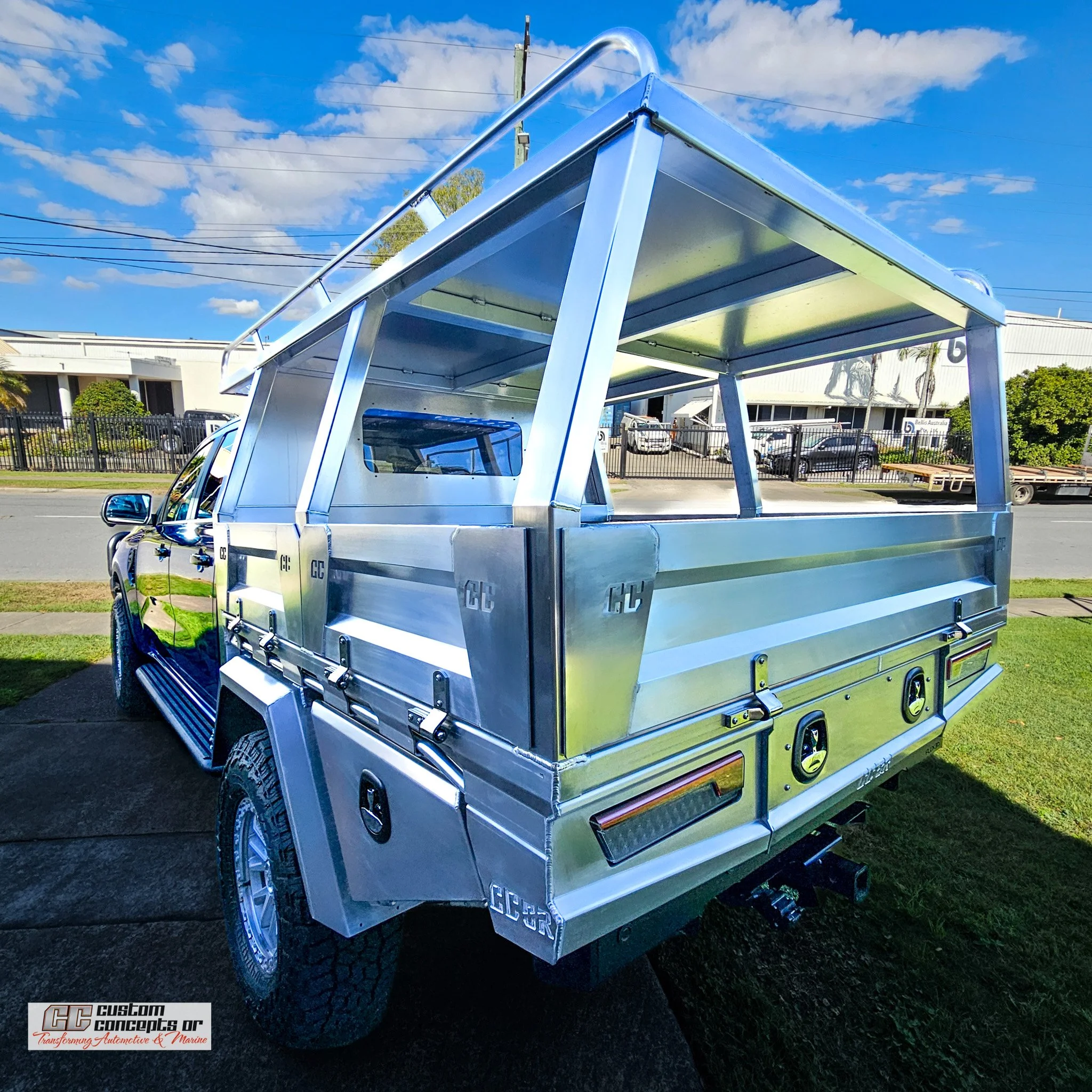 Ford Ranger dual cab fitted with a custom CCOR aluminium Tradie Tray and canopy frame.
