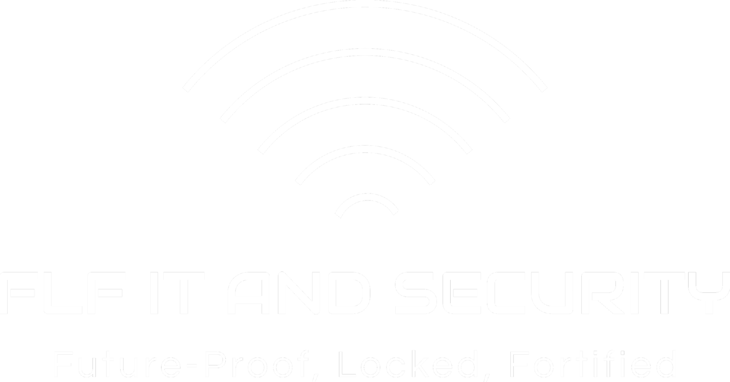 Black logo with white Wi-Fi signal symbol and text that reads 'FLF IT AND SECURITY', with a additional tagline 'Future-Proof, Locked, Fortified' below.