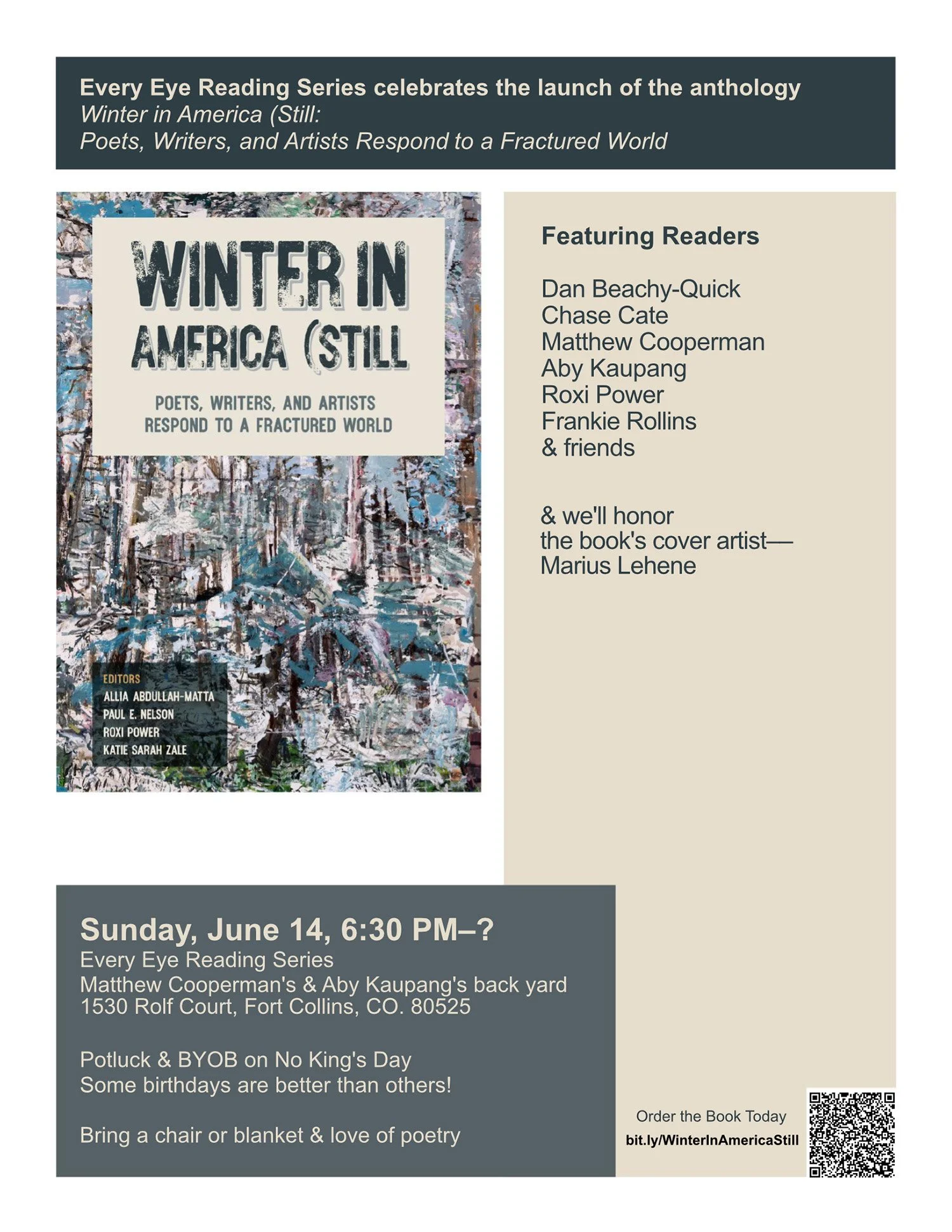 Every Eye Reading Series celebrates the Launch of the Anthology Winter in America (Still: Poets, Writers, and Artists Respond to a Fractured World