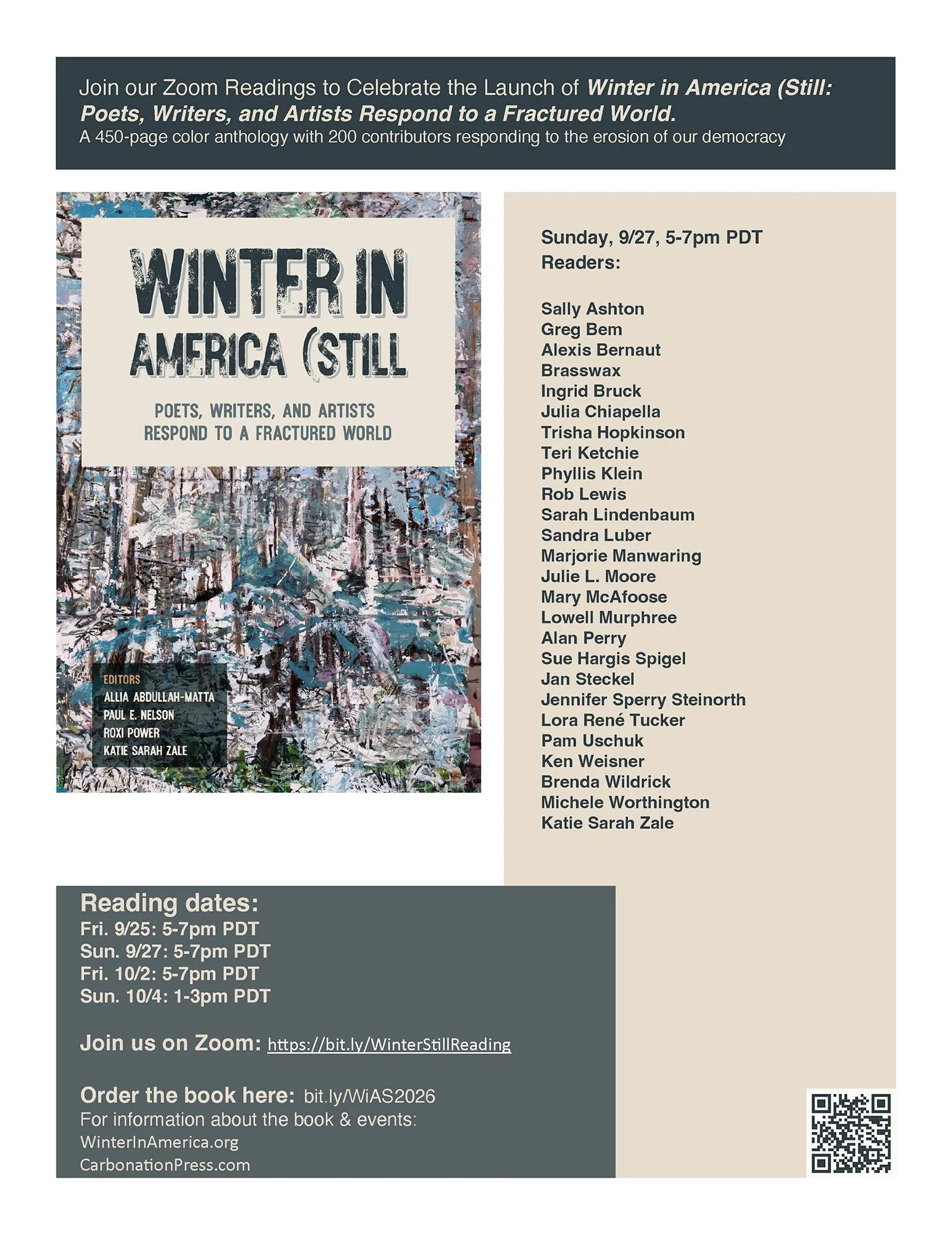 Zoom Readings to Celebrate the Launch of Winter in America (Still: Poets, Writers, and Artists Respond to a Fractured World (Copy)