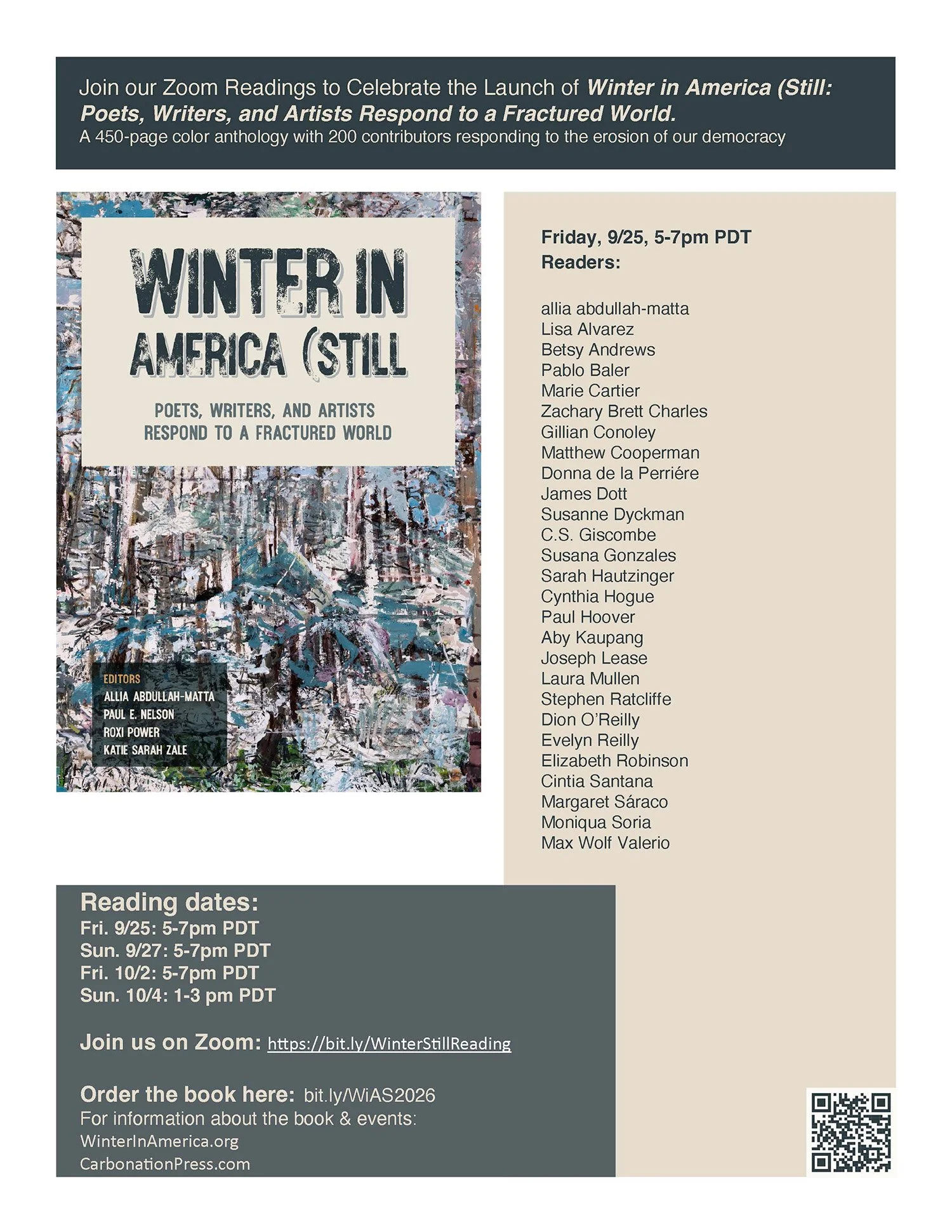 Zoom Readings to Celebrate the Launch of Winter in America (Still: Poets, Writers, and Artists Respond to a Fractured World