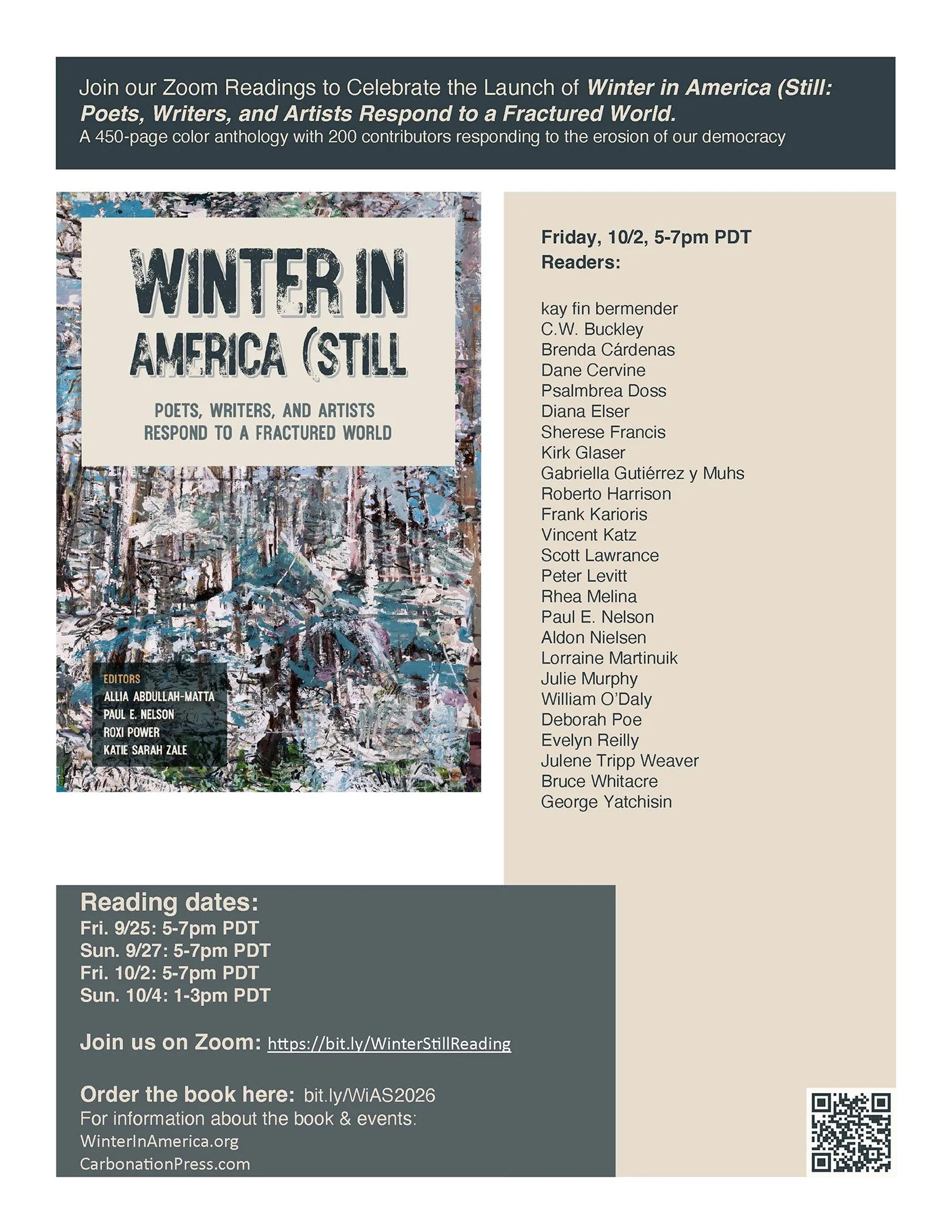 Zoom Readings to Celebrate the Launch of Winter in America (Still: Poets, Writers, and Artists Respond to a Fractured World (Copy) (Copy)
