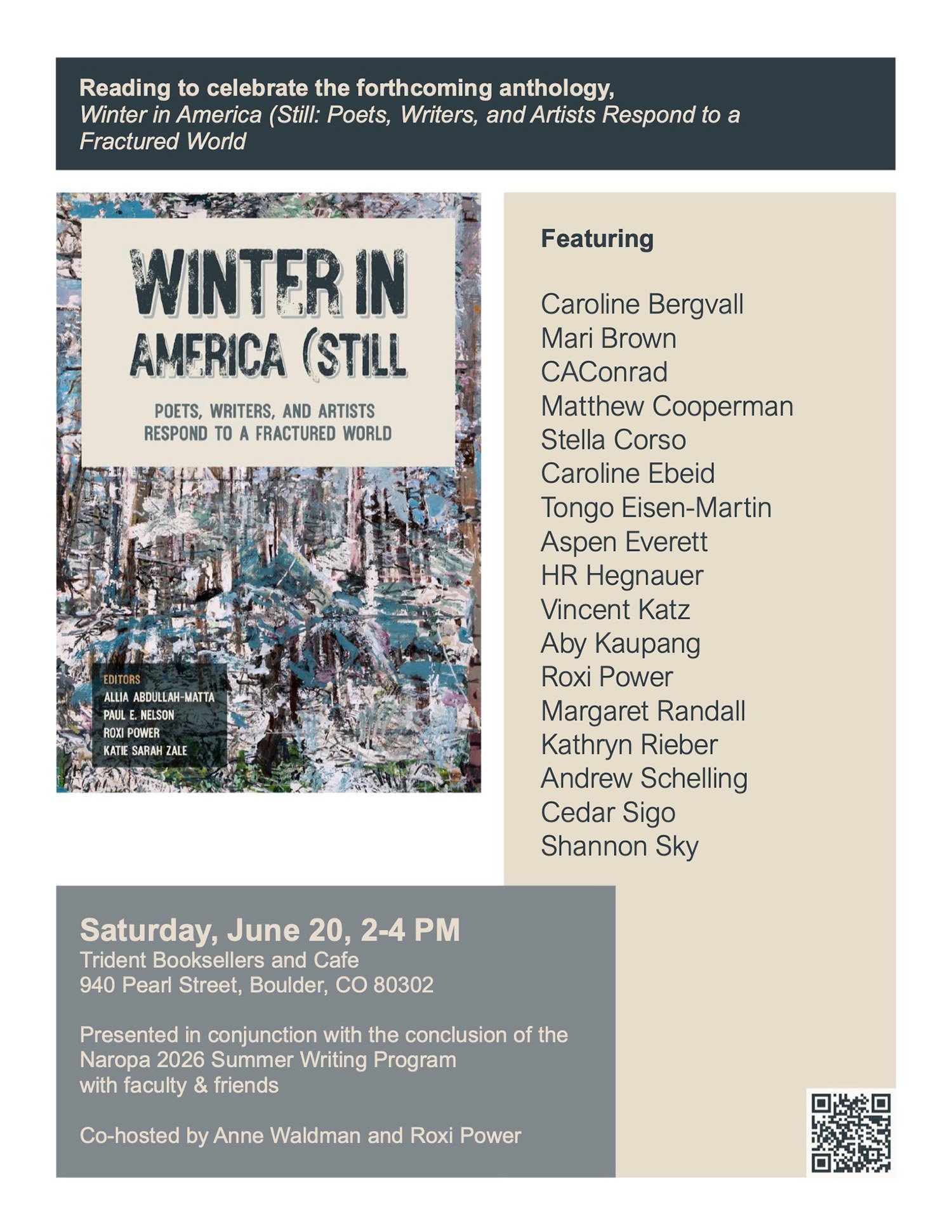 TRIDENT BOOKSELLERS AND CAFE - Reading to celebrate the forthcoming anthology, Winter in America (Still: Poets, Writers, and Artists Respond to a Fractured World
