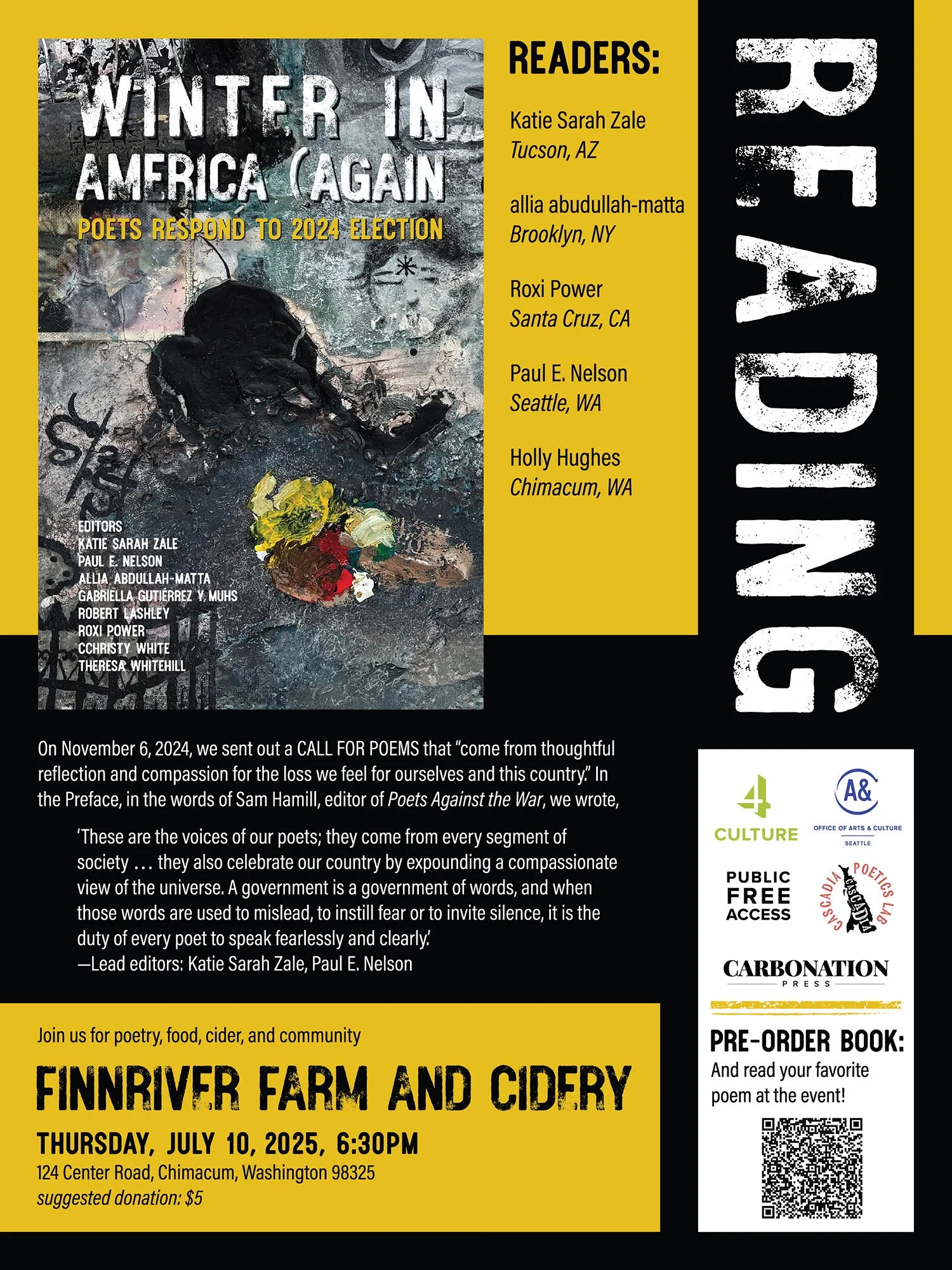 poster for Winter in America (Again reading at Finnriver Farm & Cidery