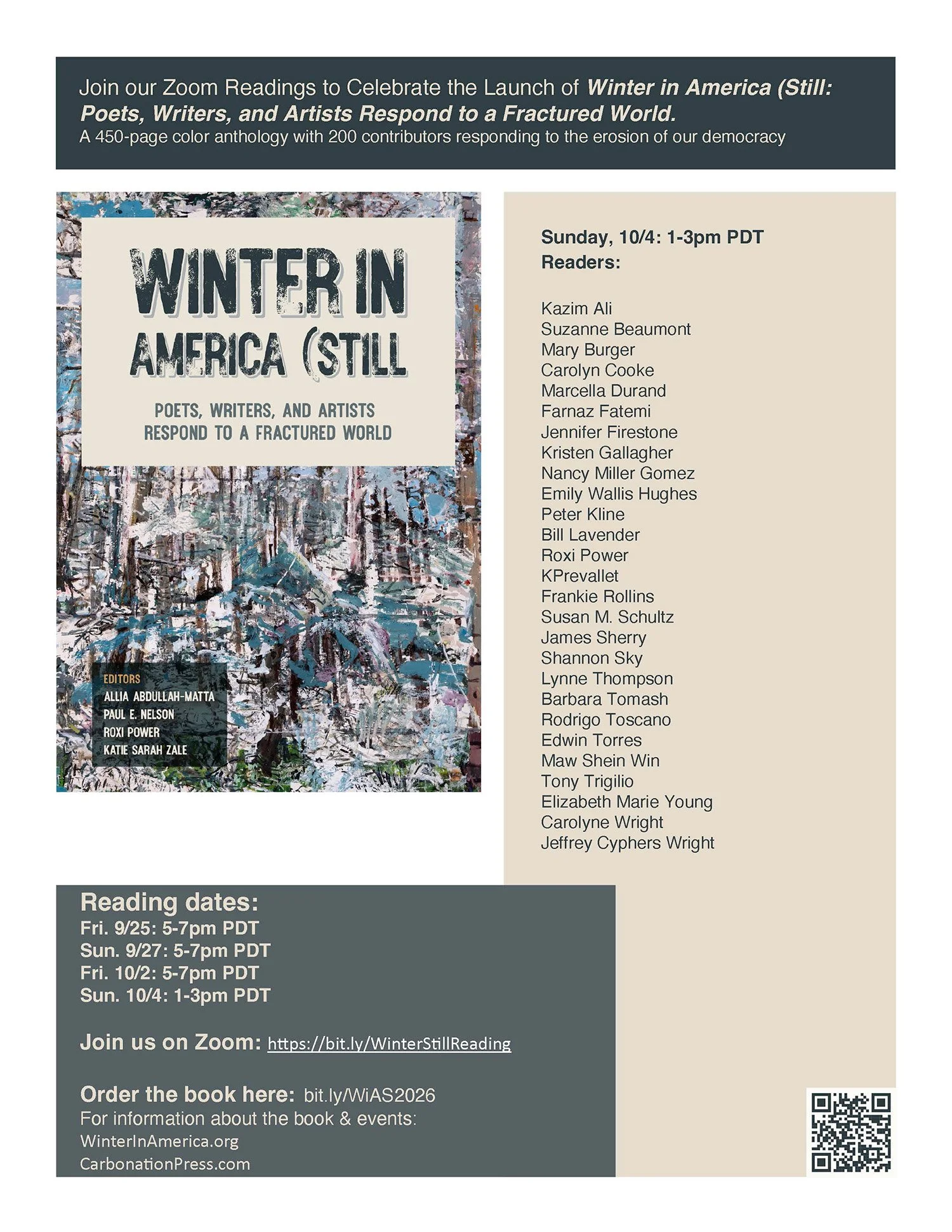 Zoom Readings to Celebrate the Launch of Winter in America (Still: Poets, Writers, and Artists Respond to a Fractured World (Copy) (Copy) (Copy)