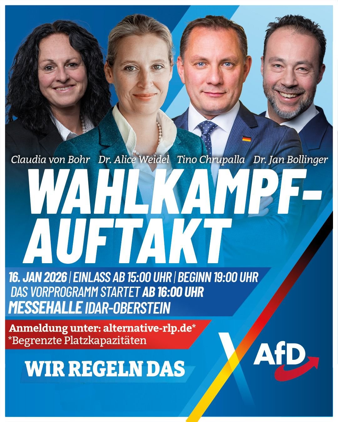 Plakat für eine Wahlkampfveranstaltung der AfD mit Porträts der Kandidaten Claudia von Bohr, Dr. Alice Weidel, Tino Chrupalla und Dr. Jan Bollinger, Datum 16. Januar 2026, Austragungsort Messehalle Idar-Oberstein, Deutschland