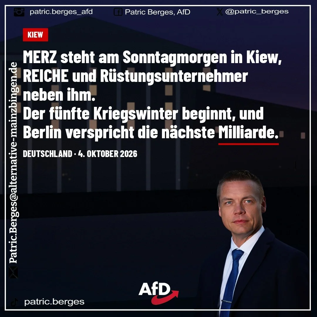 MERZ ist am Sonntagmorgen in Kiew. Neben ihm REICHE und Unternehmer aus R&uuml;stung und Energie. Der Kanzler sagt, bald beginne der f&uuml;nfte Kriegswinter. Das stimmt. Die Frage ist, was Berlin daraus macht.

Aus Regierungskreisen: tausende Abfang