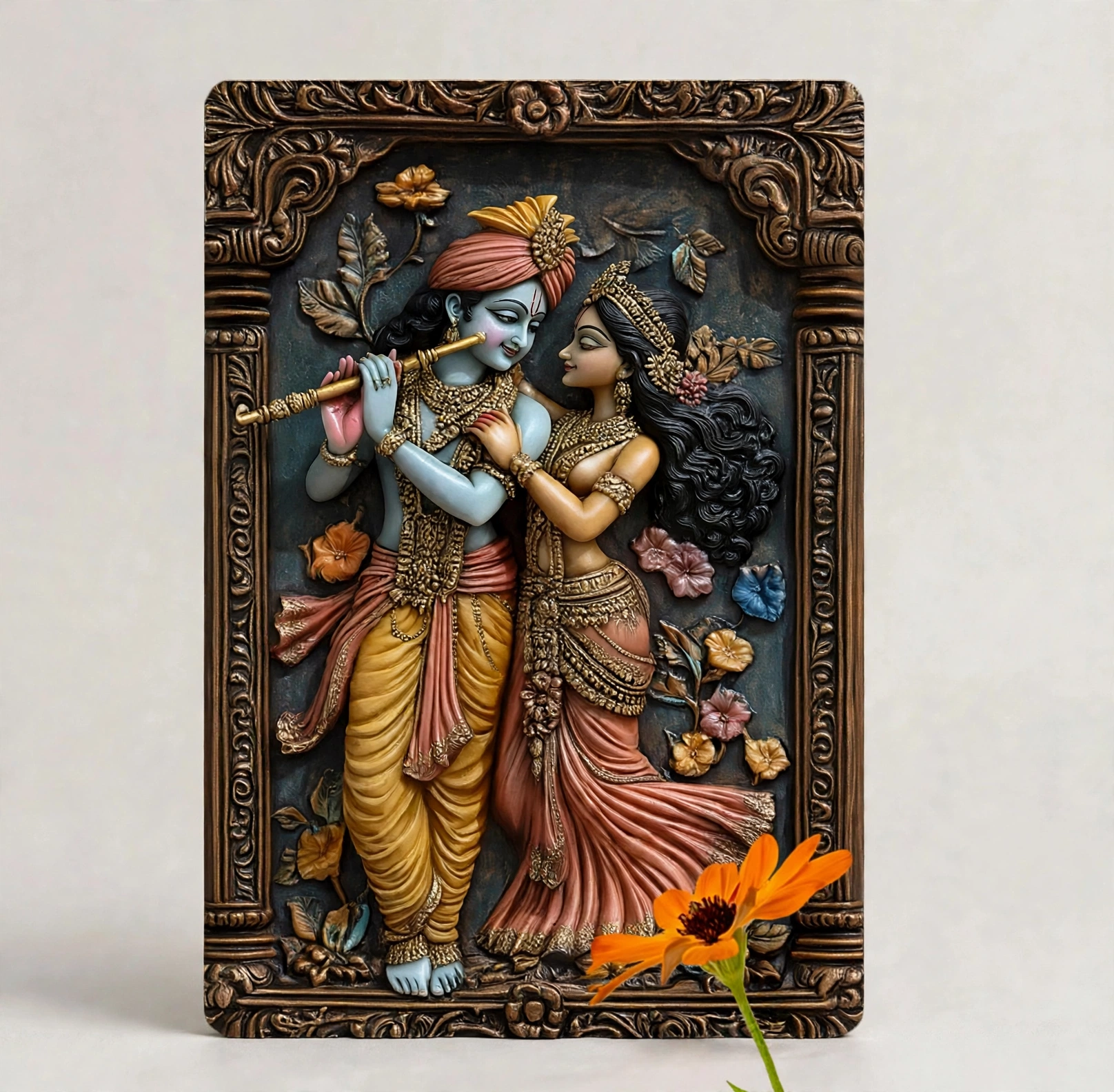 Divine Harmony Radha Krishna Metal Relief Art Plaque, studio product render