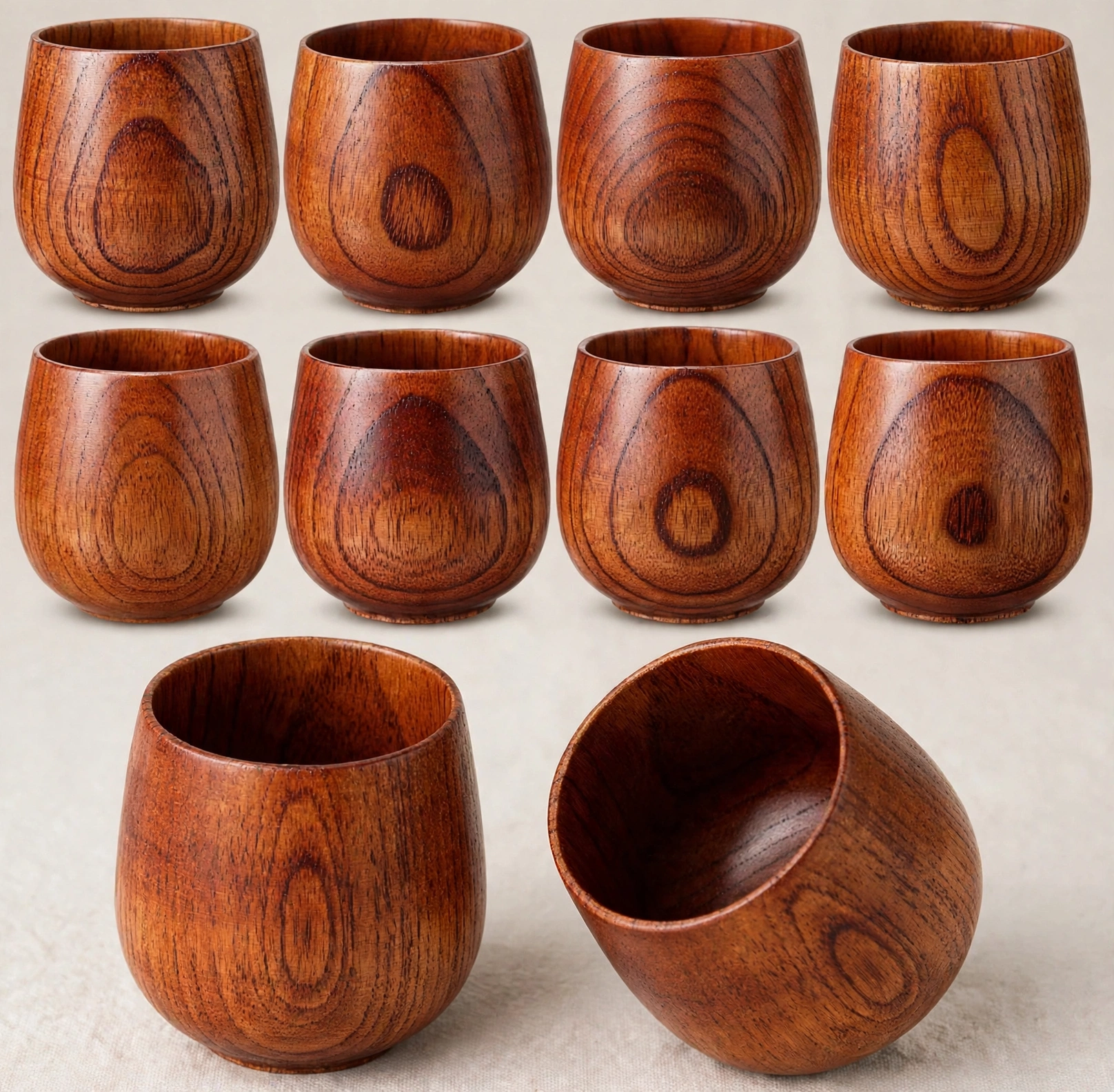 The Kyoto Collection Handcrafted Solid Wood Tumbler Set, 10-piece, studio product render