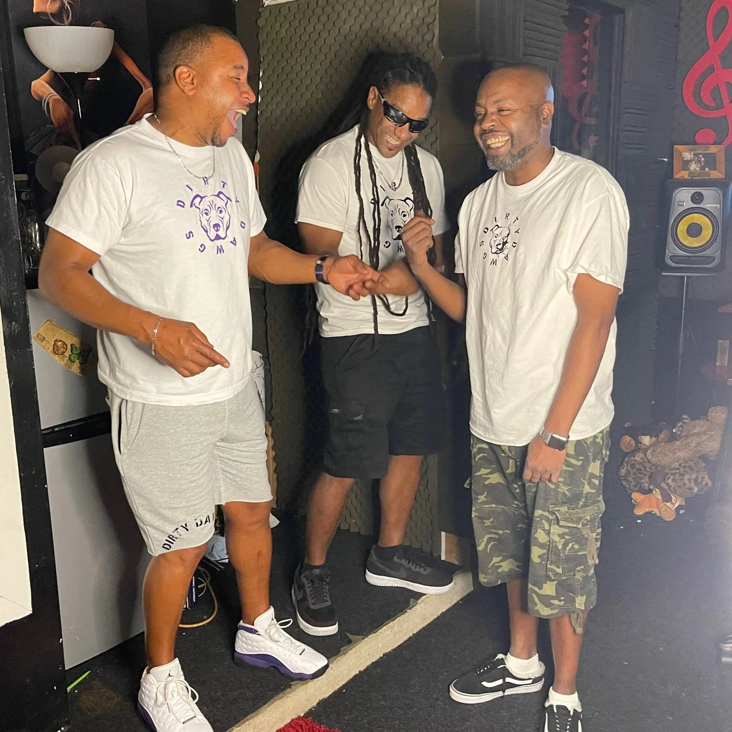 The guys in From the Feet Up having fun in the recording studio