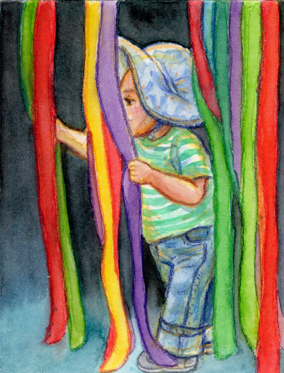 Devin Exploring Ribbons, watercolor and colored pencil on 3.1x4.1 inch cold pressed watercolor paper, 2025