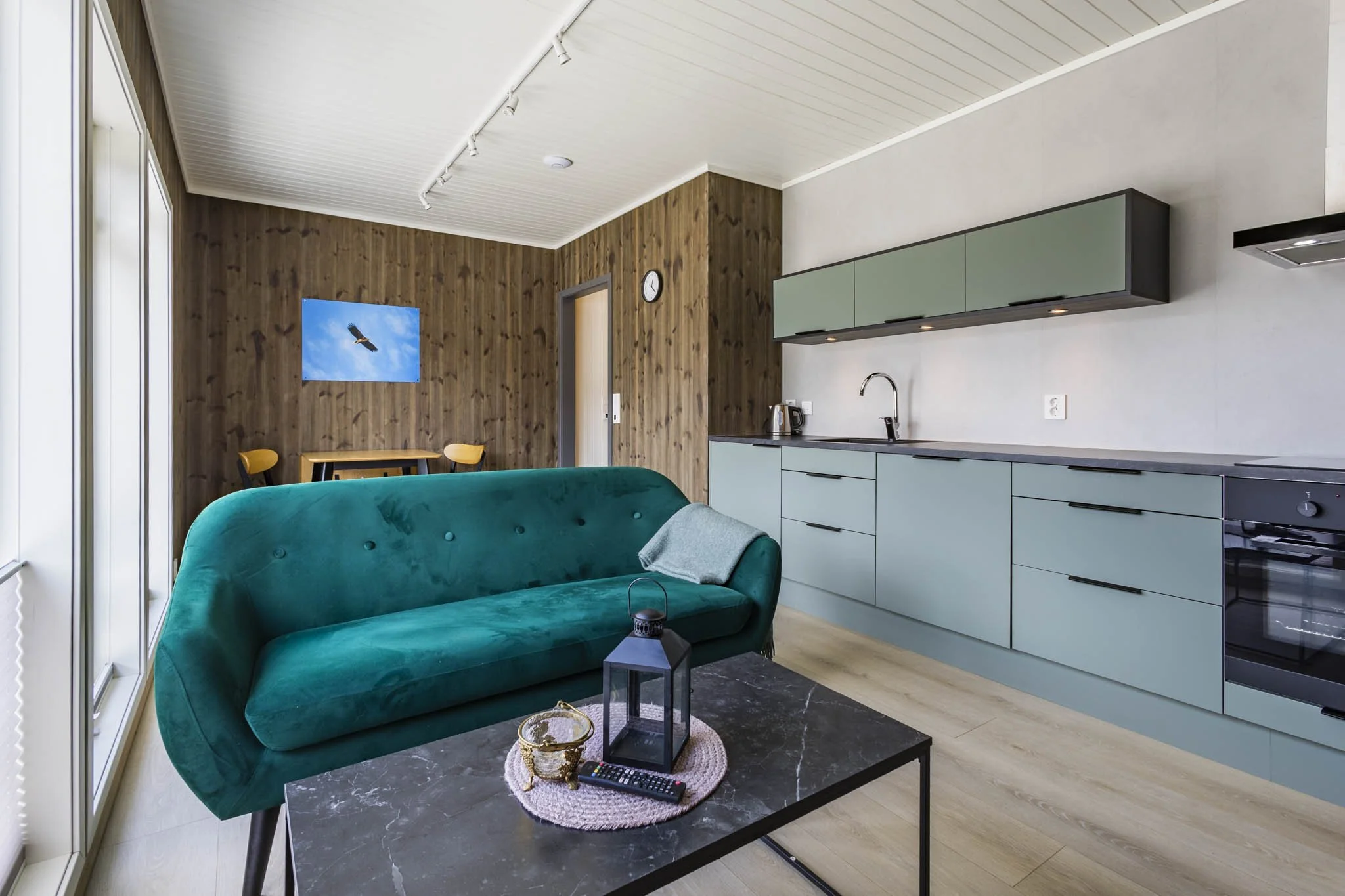 Living room with teal velvet sofa, black coffee table with decorative lantern, remote, and candles, wooden wall with a framed bird photo, kitchen with pastel green cabinets, stainless steel sink and faucet, mini kettle, and black oven.