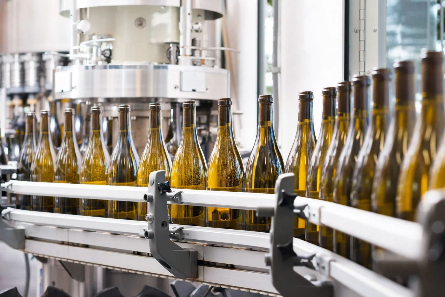 Rows of empty brown glass bottles on a production line in a brewery or bottling factory.