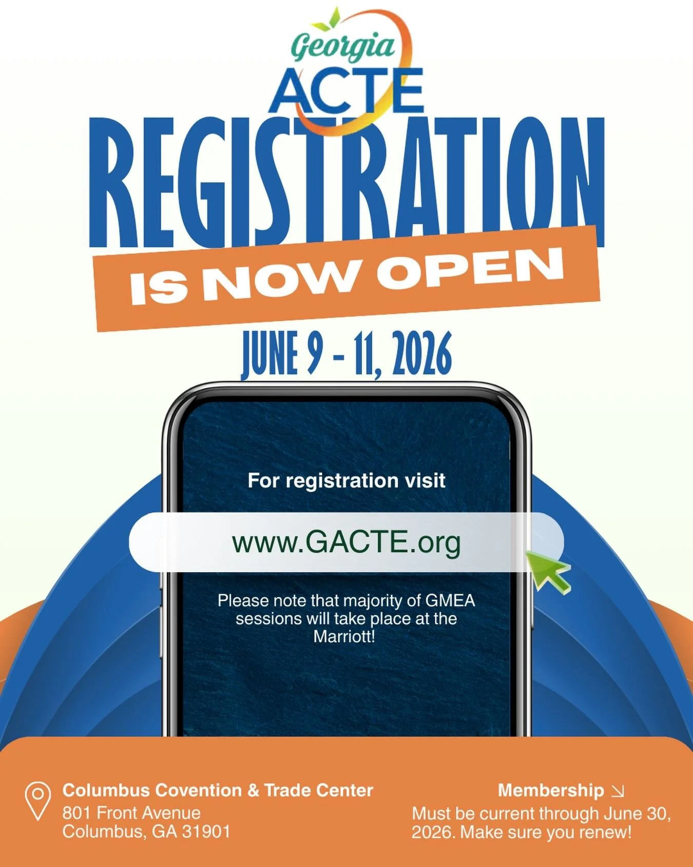 📣 Registration is NOW OPEN! Join us for Georgia ACTE 2026 on June 9&ndash;11 in Columbus, GA at the Columbus Convention &amp; Trade Center. ✨ Learn. Connect. Lead. 🔗 Register today at www.GACTE.org 📌 Membership must be current through June 30, 202