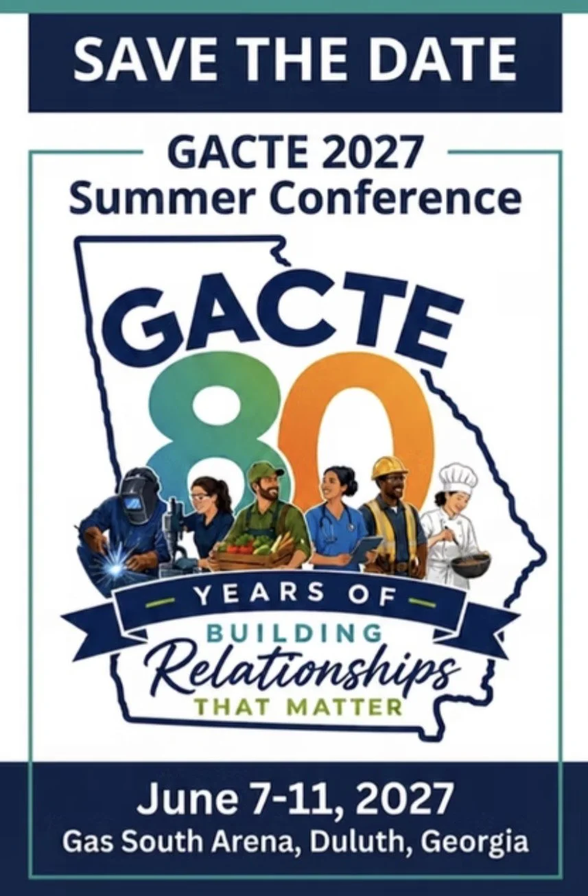 Save the date poster for GACTE 2027 Summer Conference in Georgia, celebrating 80 years of building relationships in various professions, scheduled for June 7-11, 2027 at Gas South Arena in Duluth.